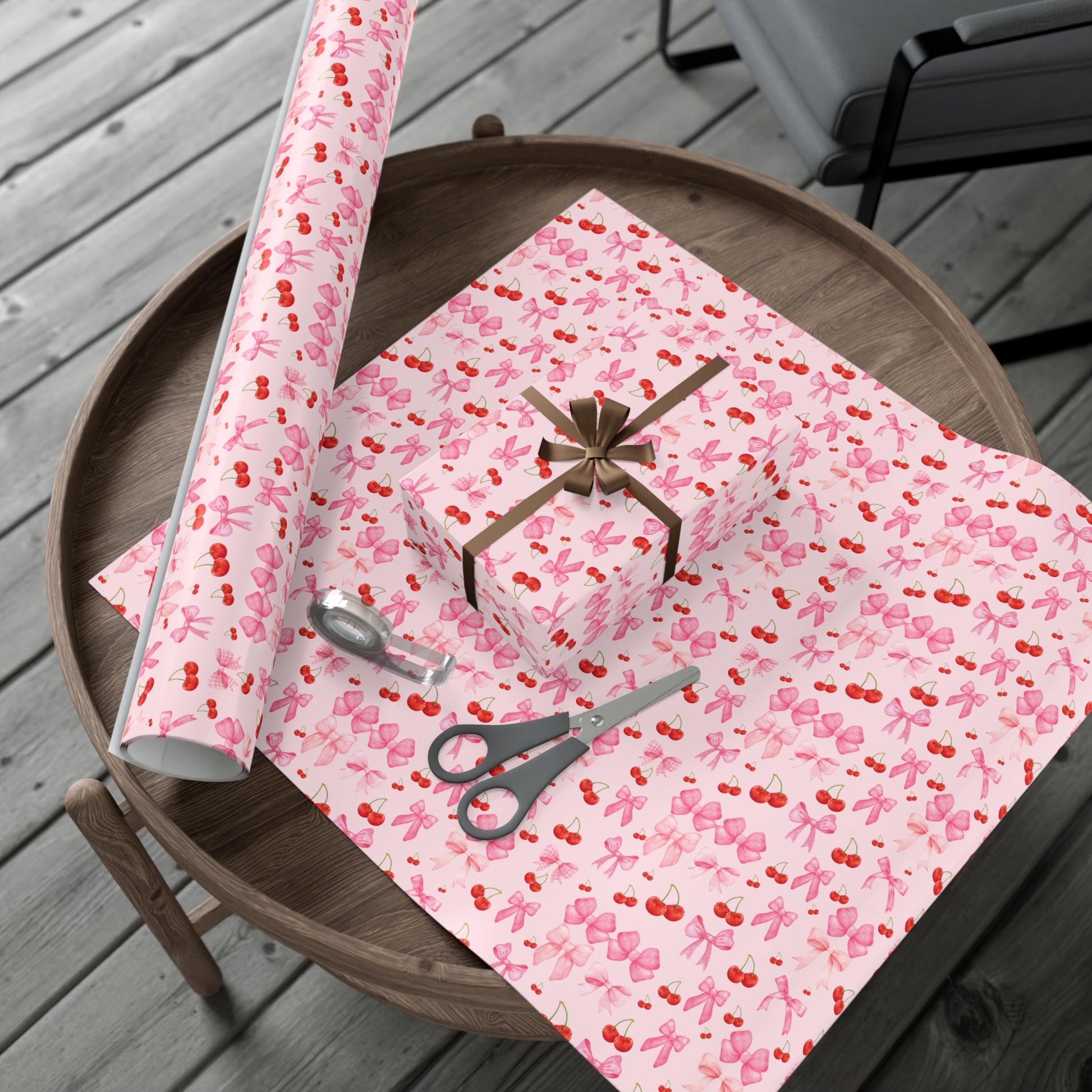 Pink Chic Coquette Wrapping Paper Pink Bows Cherries Elegance Perfect for Gifts Weddings, Bridal Baby Showers All Occasion.