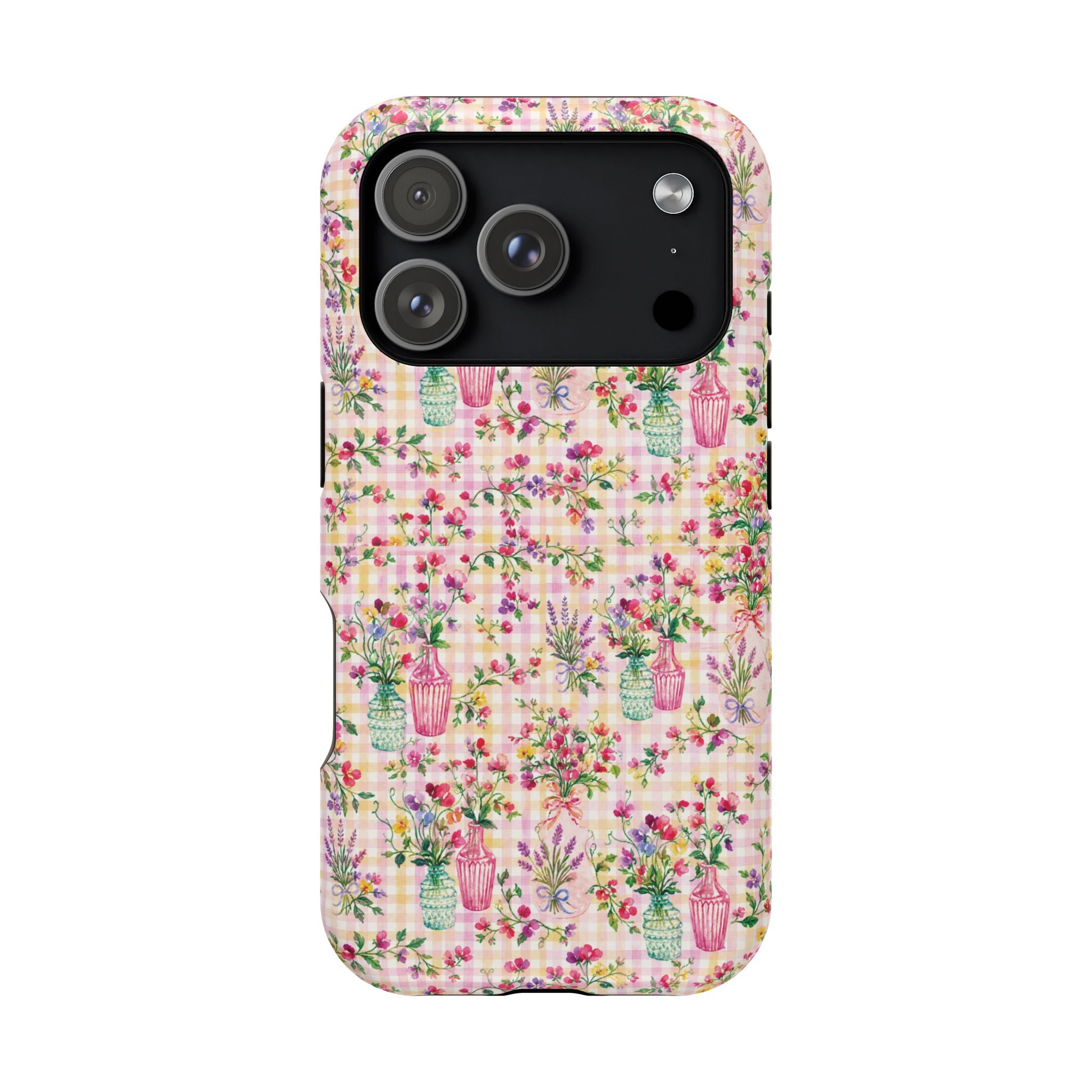 Turquoise & Pink Floral Checker Phone Case — Magnetic Impact-Resistant