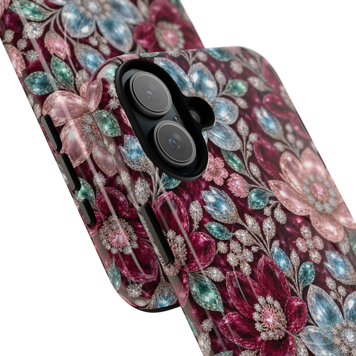 Floral faux Jewel Phone Case Sparkling Burgundy Flower Tough Magnetic Case 18 iPhone