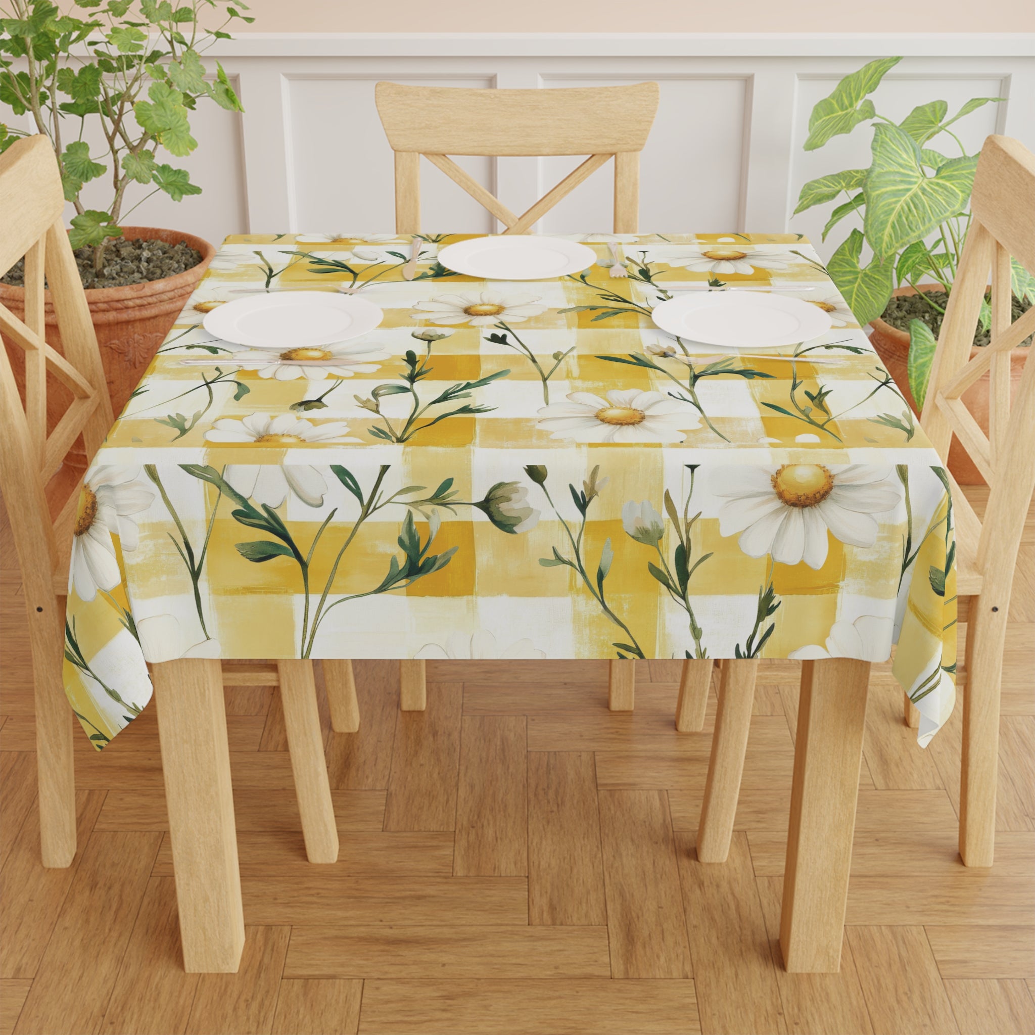 Pastel Yellow Daisy Checker Tablecloth — Spring Party Decor