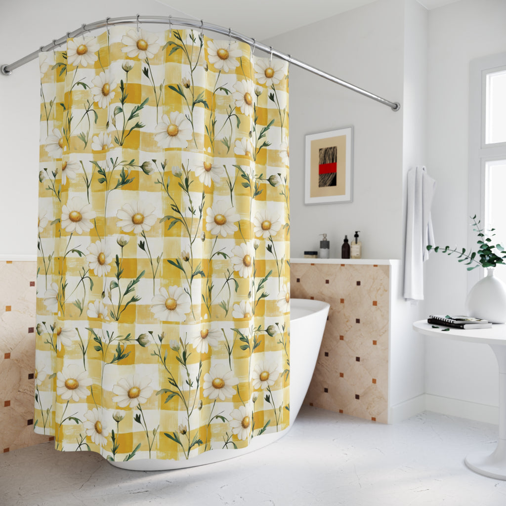 Yellow Daisy Checker Shower Curtain — Retro Floral Bath Decor