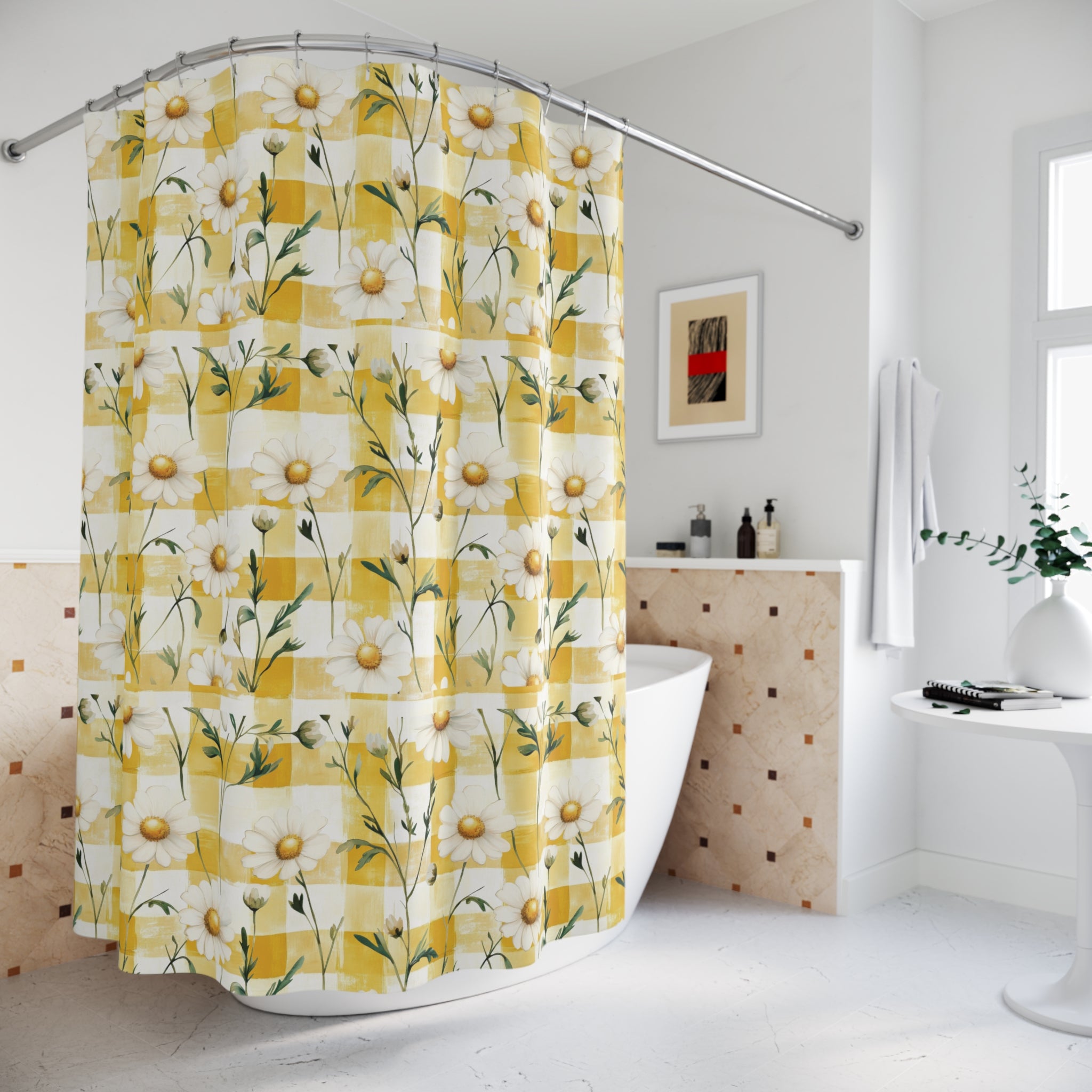 Yellow Daisy Checker Shower Curtain — Retro Floral Bath Decor