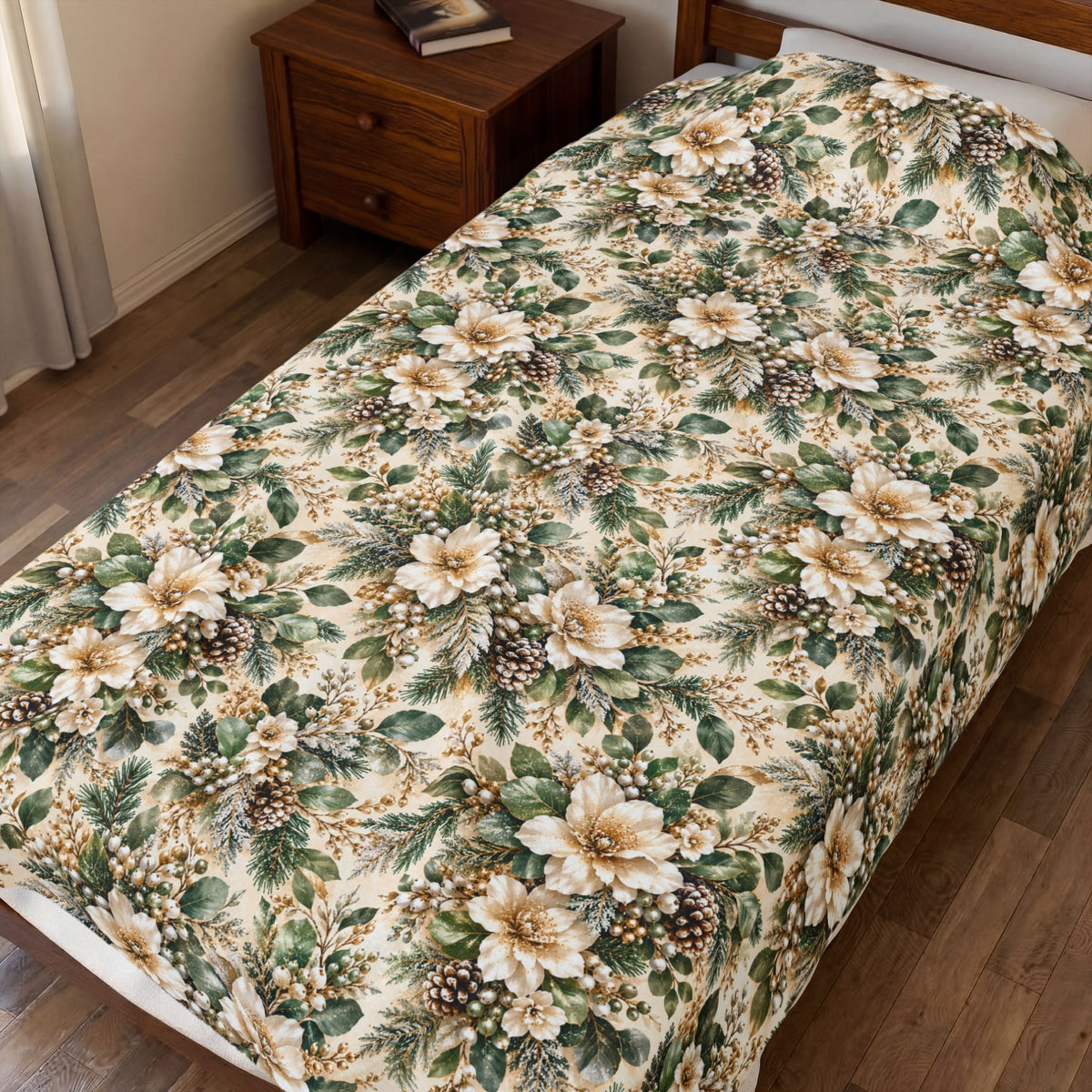 Sage Green & Champagne Floral Velveteen Plush Throw Blanket