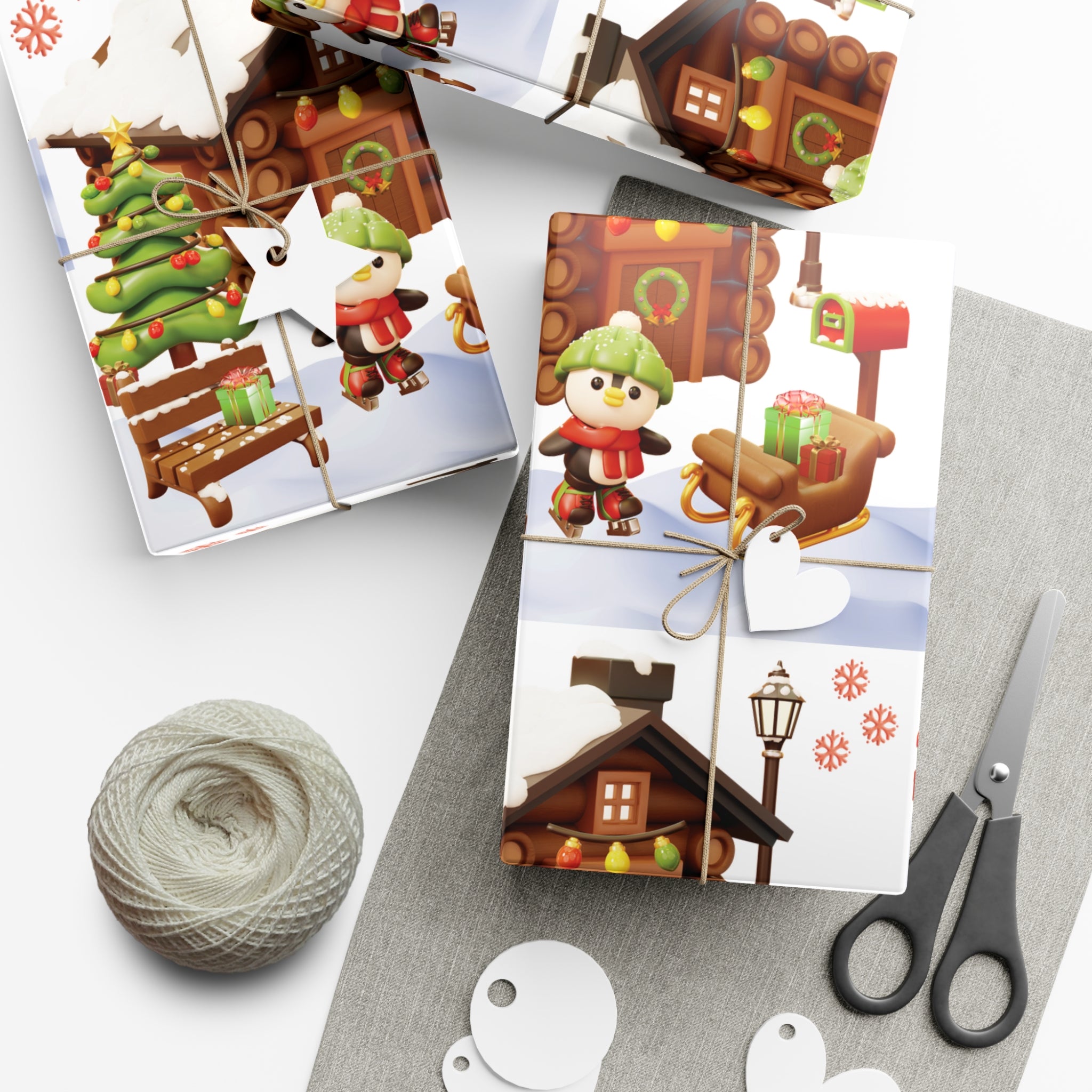Papier Cadeau Illusion 3D Pingouin Motif Pingouin Hivernal Mignon et Scène de Cabane Sous la Neige, Papier Cadeau de Noël Festif, Papier Cadeau de Fêtes en 3 TaillesParfait pour les Cadeaux Saisonniers