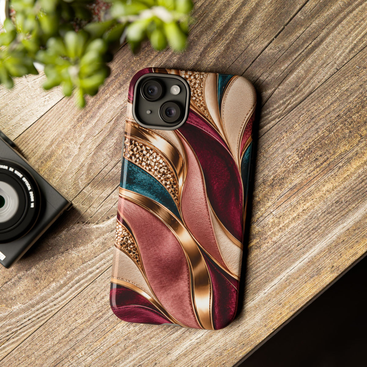 Lux Marble Waves Phone Case Metallic Burgundy, Teal Gold Protective Cover iPhone 18