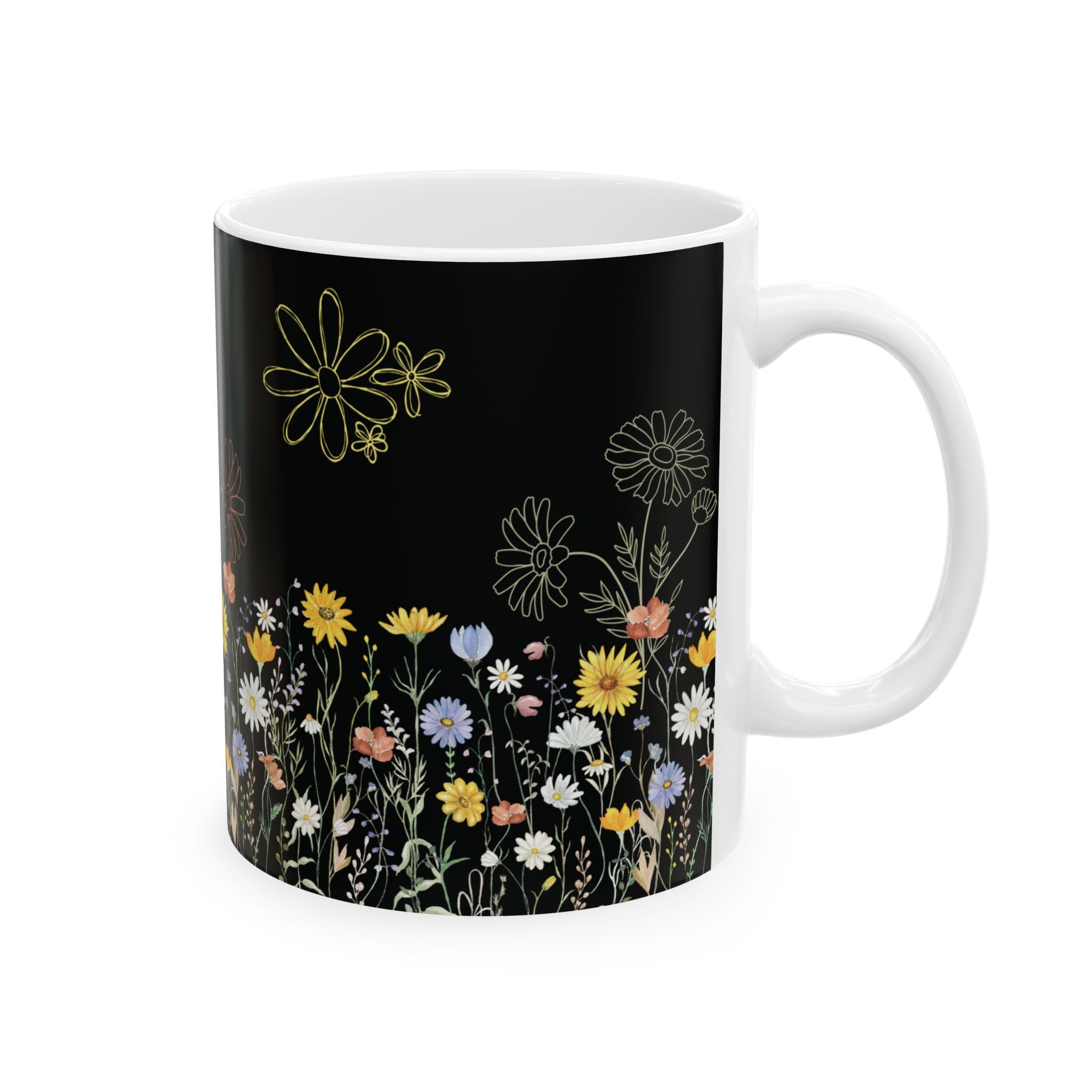 Tasse à café motif fleurs sauvages – 325 ml et 445 ml | Noire avec fleurs sauvages colorées, Tasse florale esthétique, Cadeau inspiré de la nature, Tasse compatible lave-vaisselle et micro-ondes pour maman