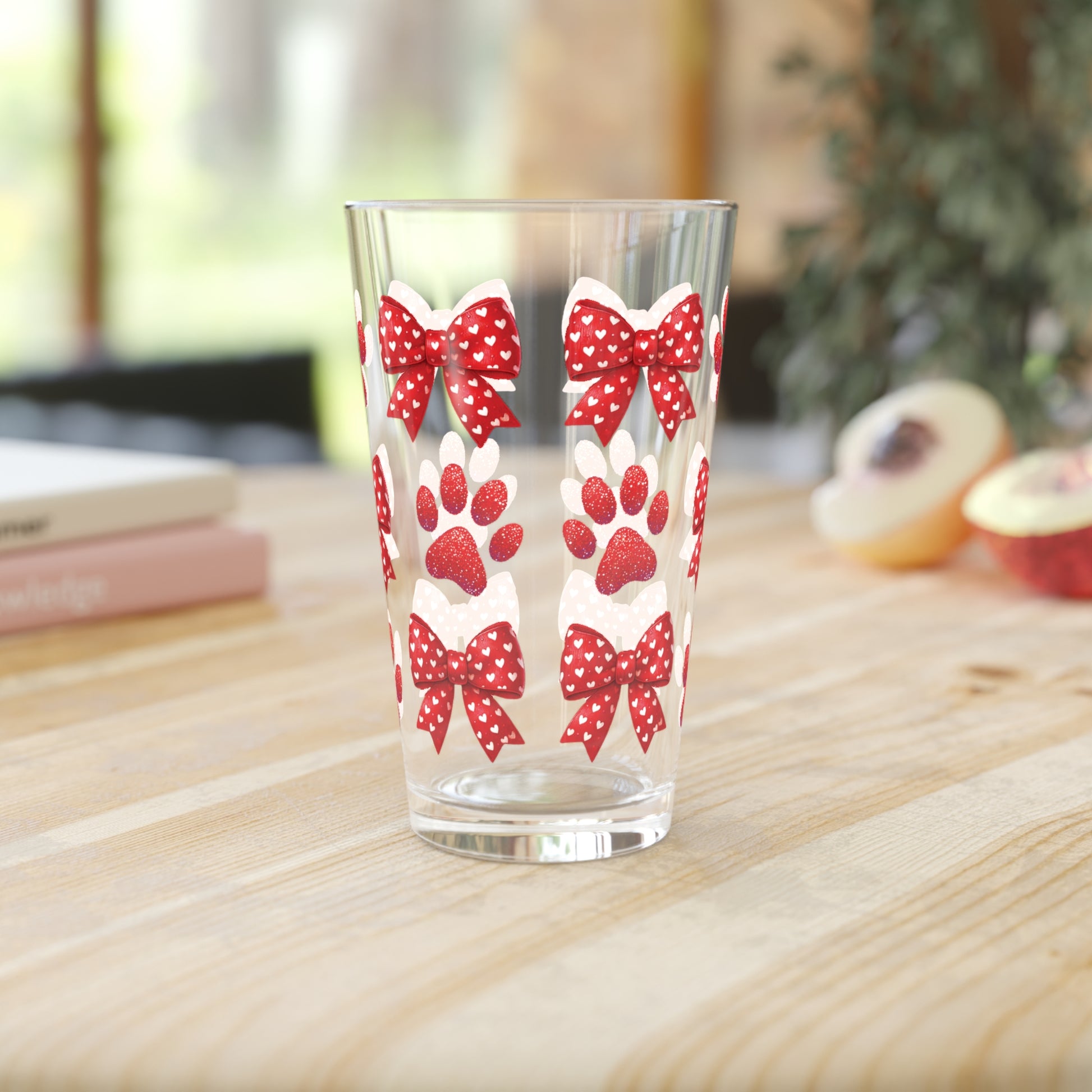 Red Bows and Paws 16oz Pint Glass - Custom Drinkware for Dog Lovers, Adorable Paw Print Gift, Personalized Home Bar Glass, Perfect for Pet Owner Gifts! Perfect for Parties - MRSBYVALLE