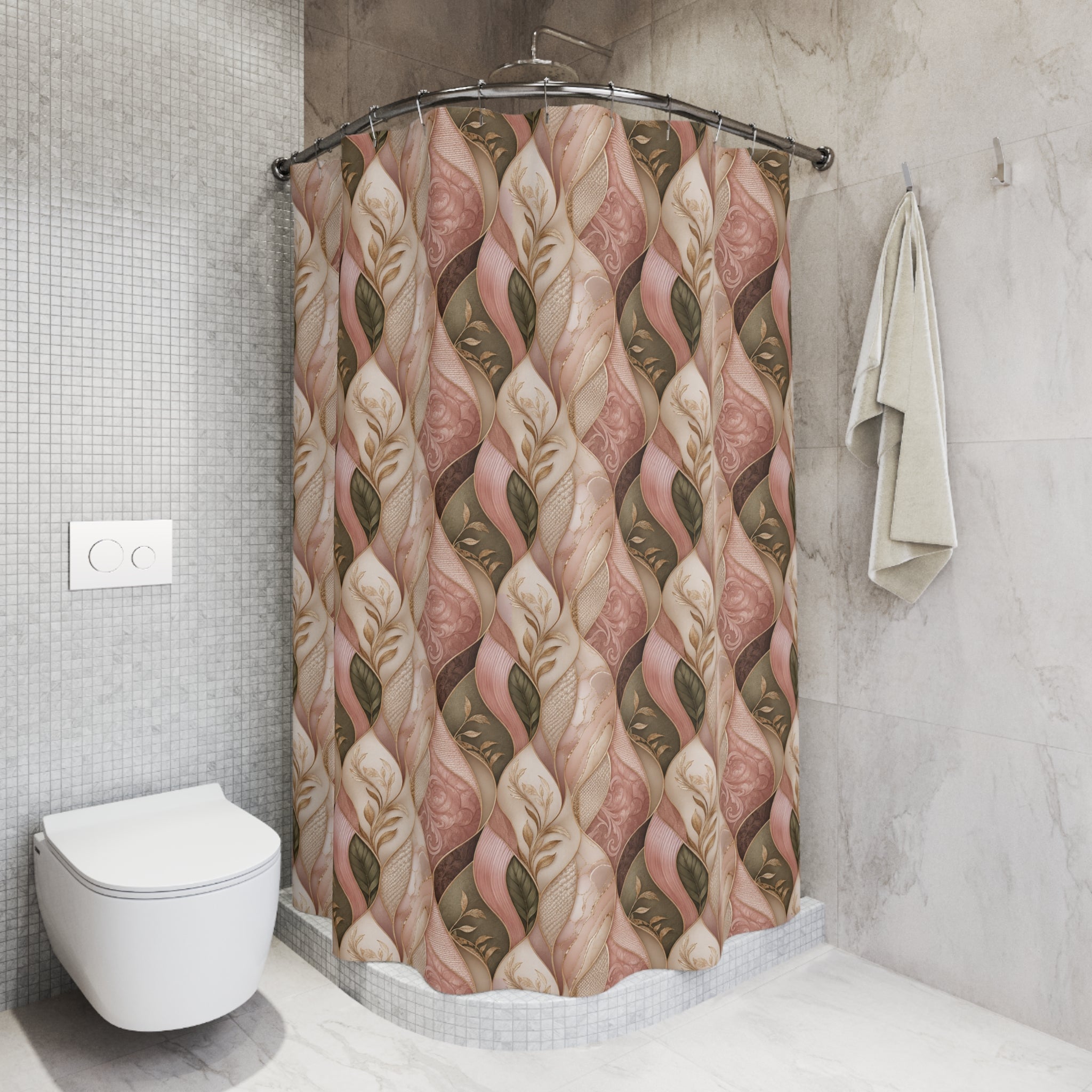Shower Curtain — Pink Braided Leaf Pattern, Botanical Bathroom Decor