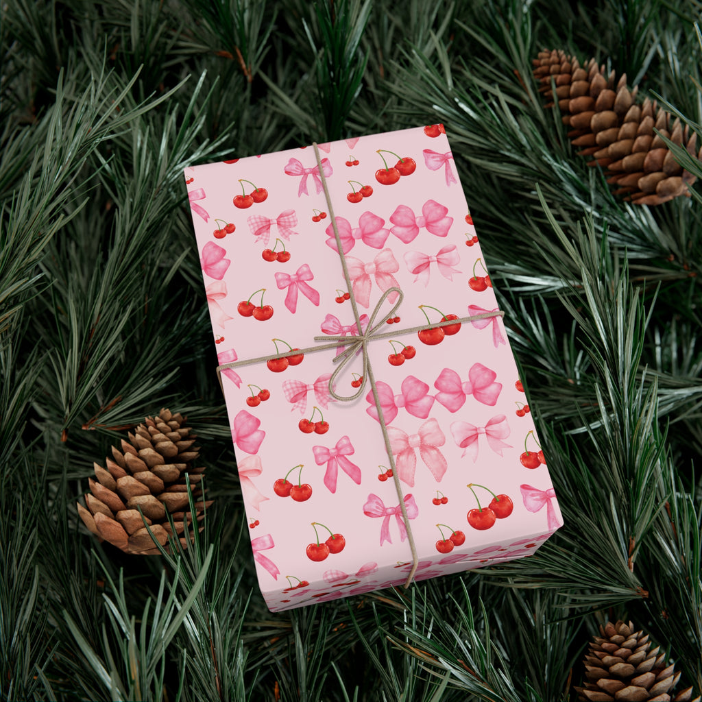 Pink Chic Coquette Wrapping Paper Pink Bows Cherries Elegance Perfect for Gifts Weddings, Bridal Baby Showers All Occasion.