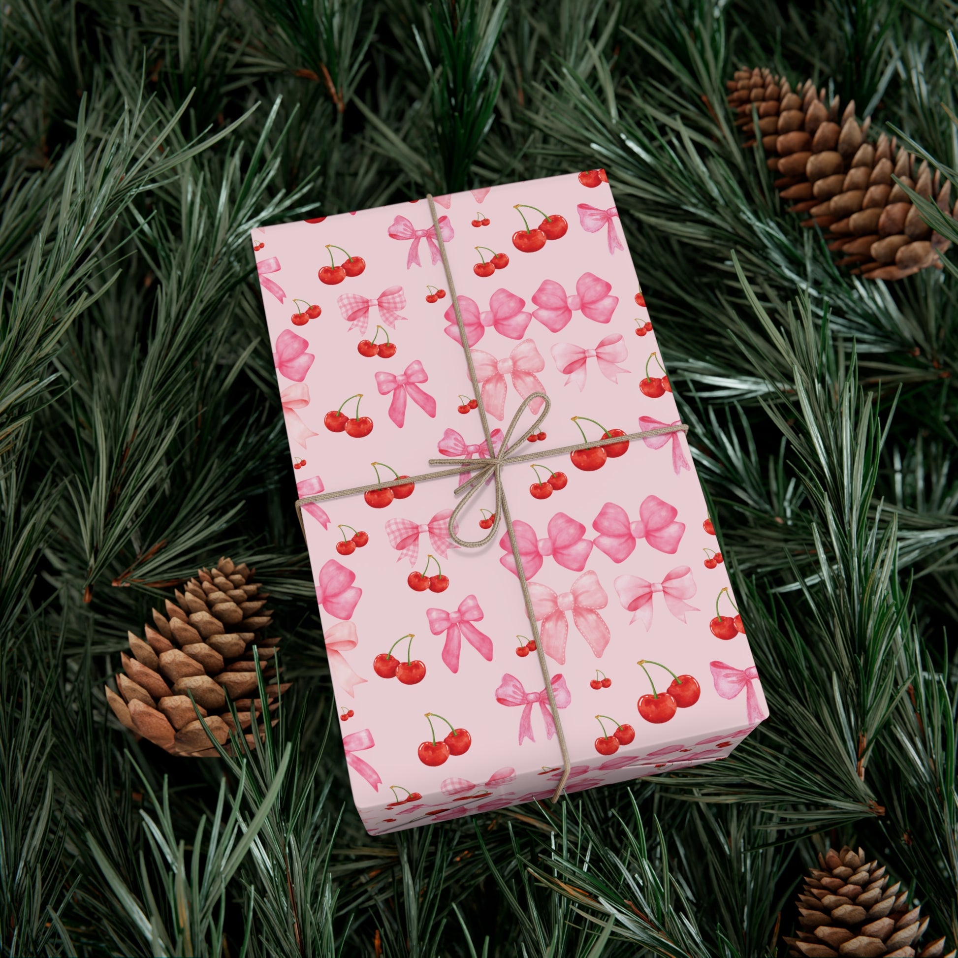 Pink Chic Coquette Wrapping Paper Pink Bows Cherries Elegance Perfect for Gifts Weddings, Bridal Baby Showers All Occasion.