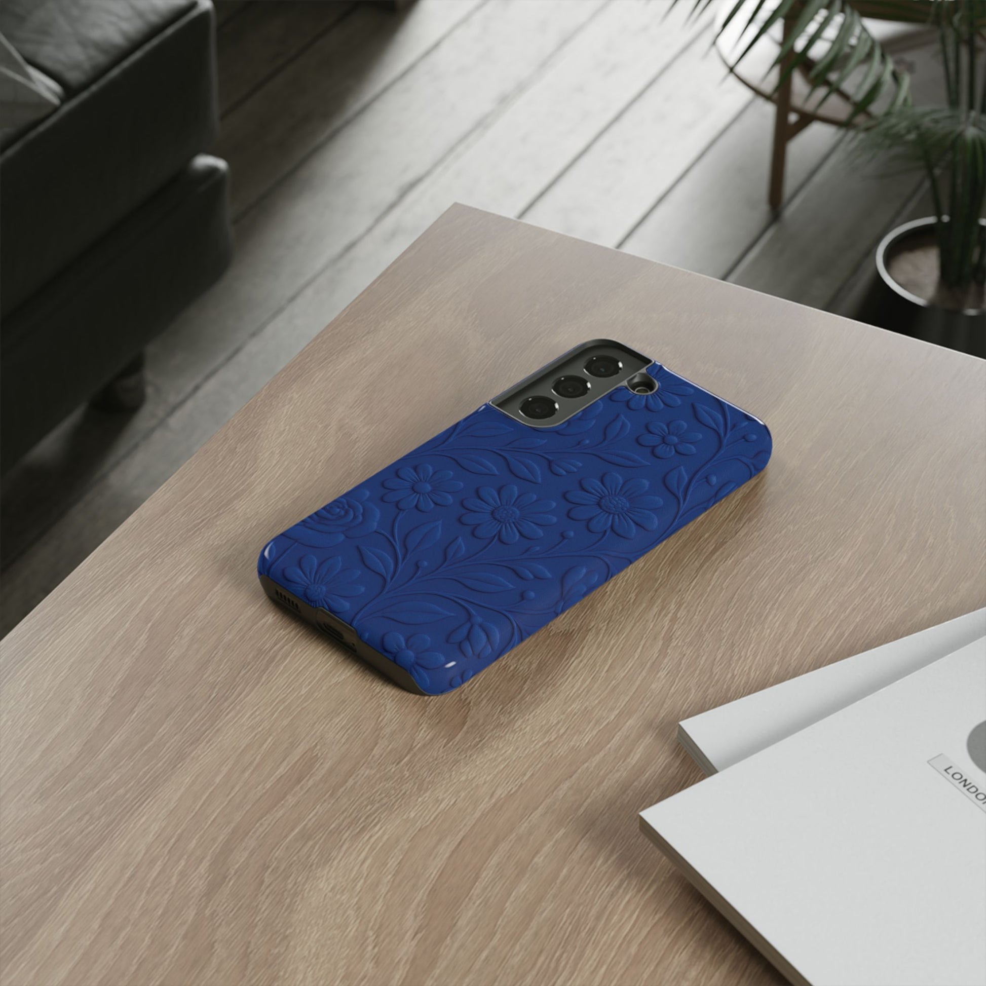 3D Illusion Floral Cobalt Blue Phone Case Elegant Raised Flower Design, Seamless Textured Look, Durable & Stylish Protection for iPhone and Android Models Fits iPhone & Samsung Models