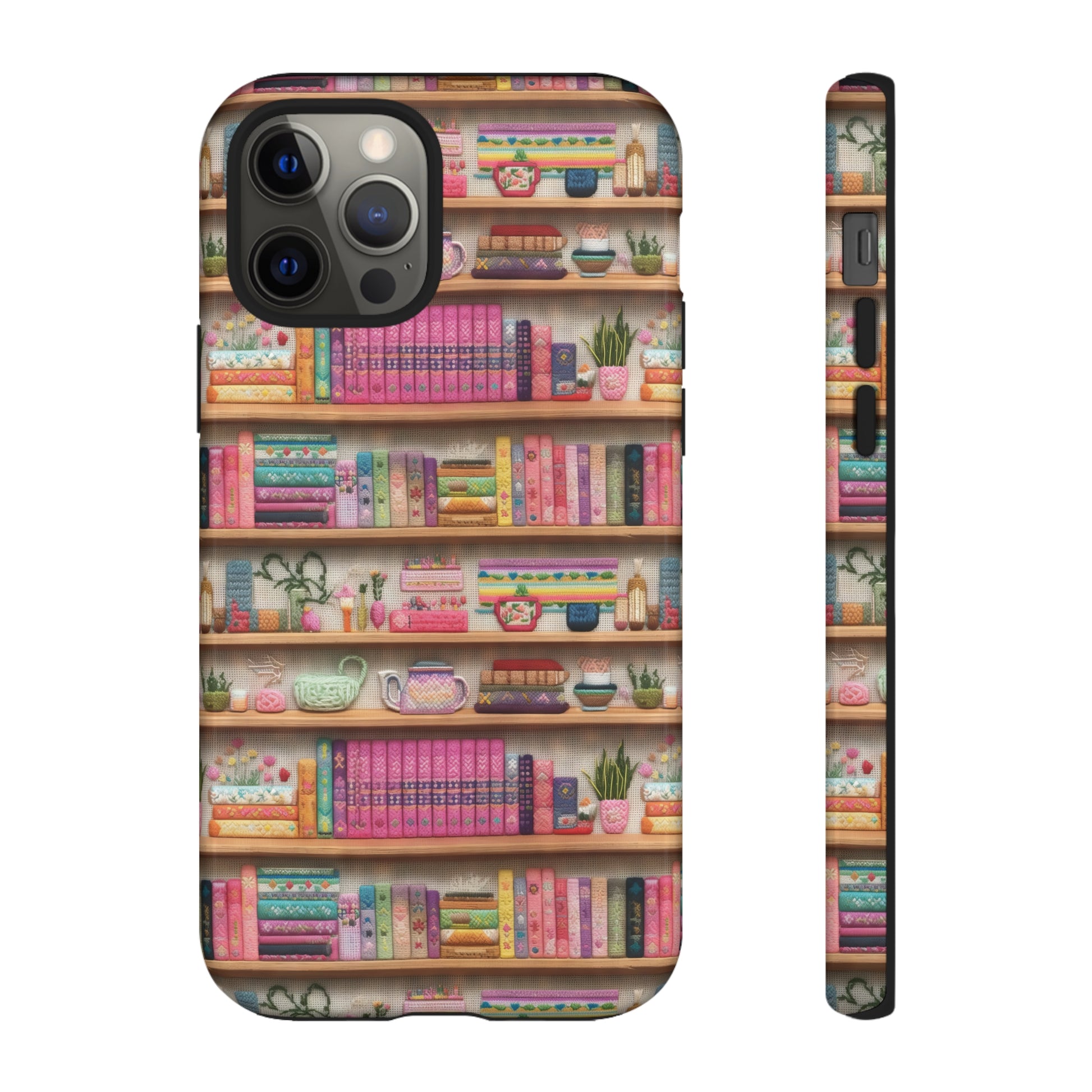 Phone Case 3D Illusion Books & Shelf Embroidery Design with Vibrant Colors Gift for Her Phone 15, Samsung iPhone Samsung Gift for Her Case iPhone 15, Samsung iPhone Samsung Accessory Gift for Her.