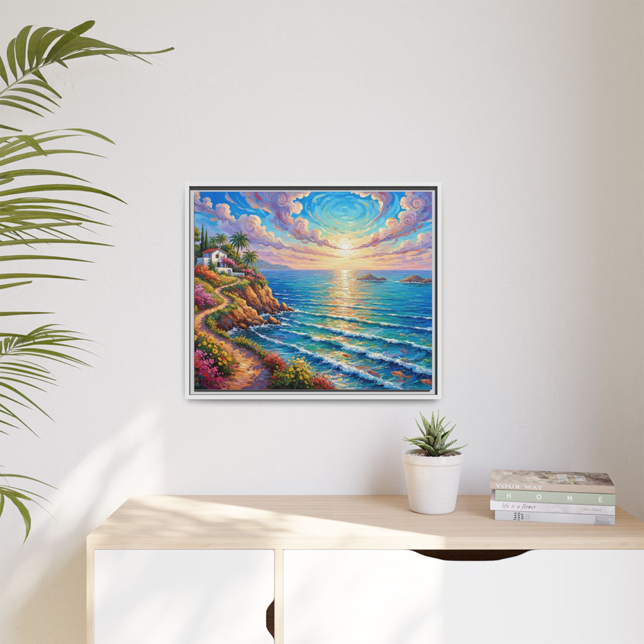 Toile imprimée florale océanique | Décoration murale colorée et lumineuse de paysage marin, œuvre d'art de bureau encadrée et mate