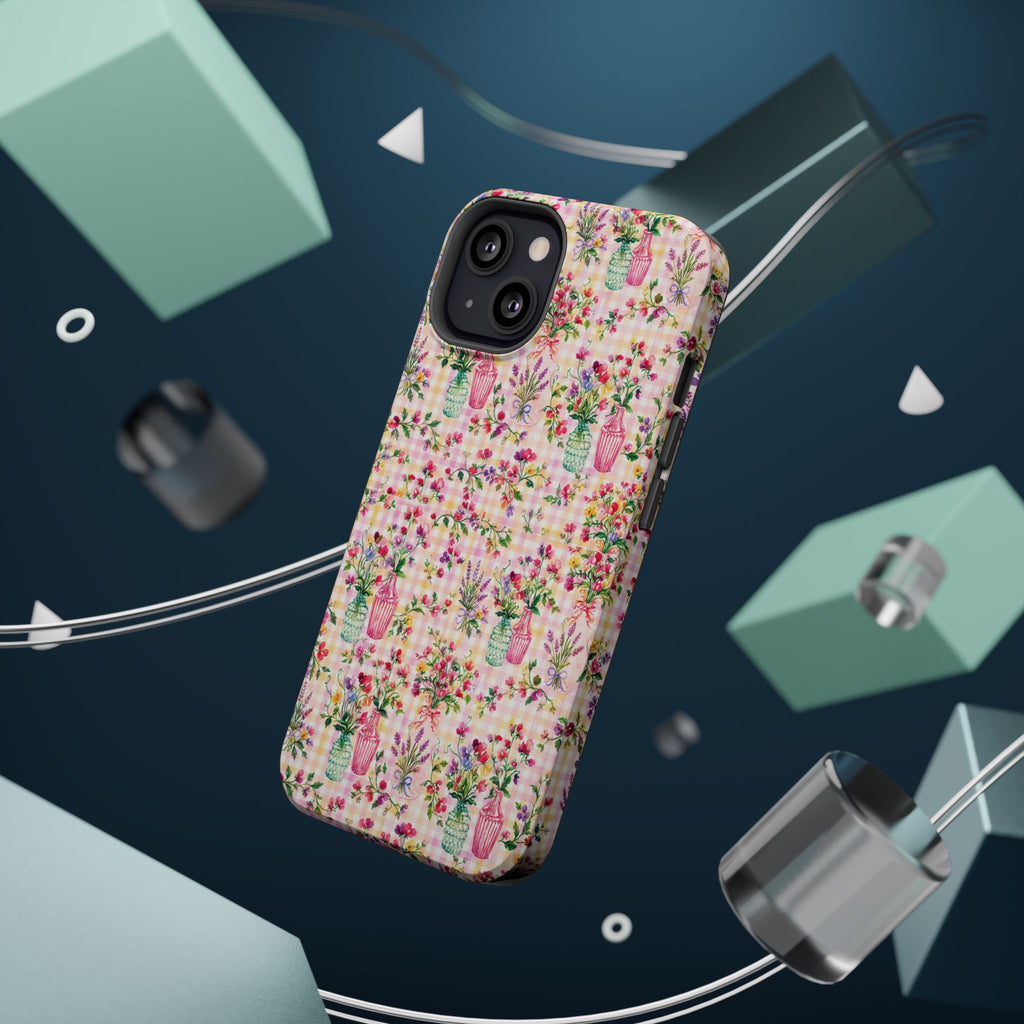 Turquoise & Pink Floral Checker Phone Case — Magnetic Impact-Resistant