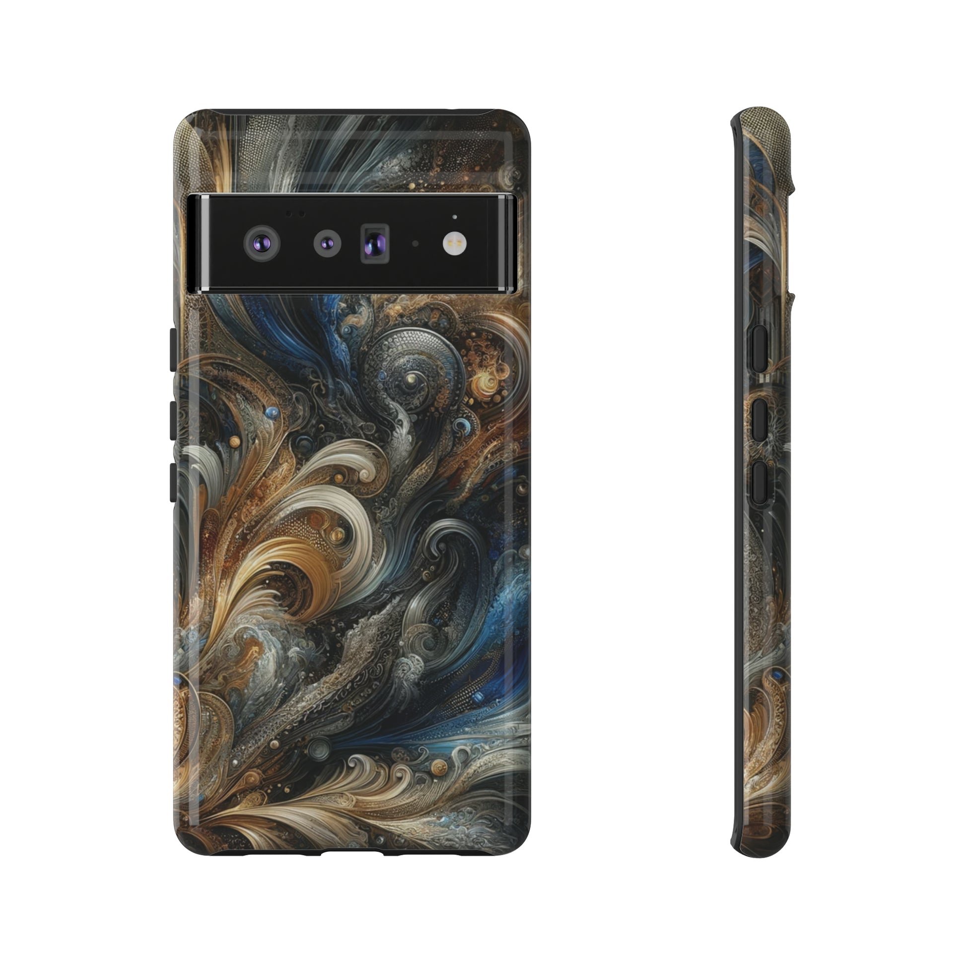 Gold and Navy Art Design Luxury Phone Tough Case Floral Elegant Durable Stylish for Modern Devices iPhone 15, Samsung iPhone Samsung Accessory Gift for Her.