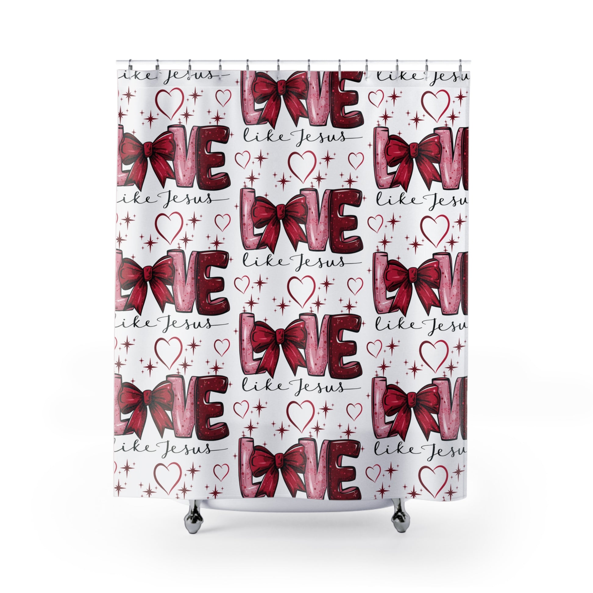 Shower Curtains, Love like Jesus Red Bows and Hearts, Christian Bathroom Decor, Religious Home Accessories, Inspirational Shower Curtain Charm