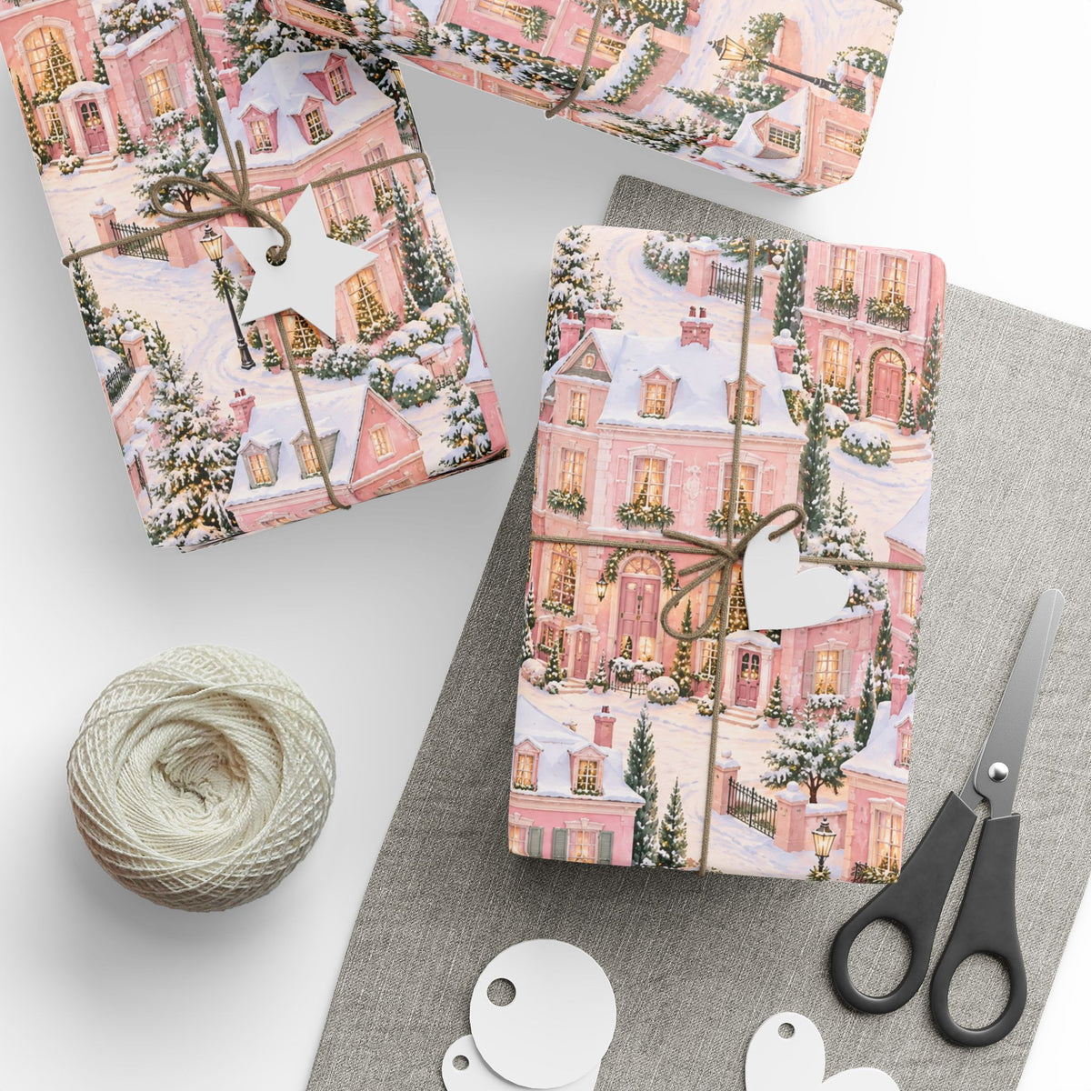 Wrapping Paper — Pink Snowy Village Holiday Gift Wrap (Festive Cottage Pattern)