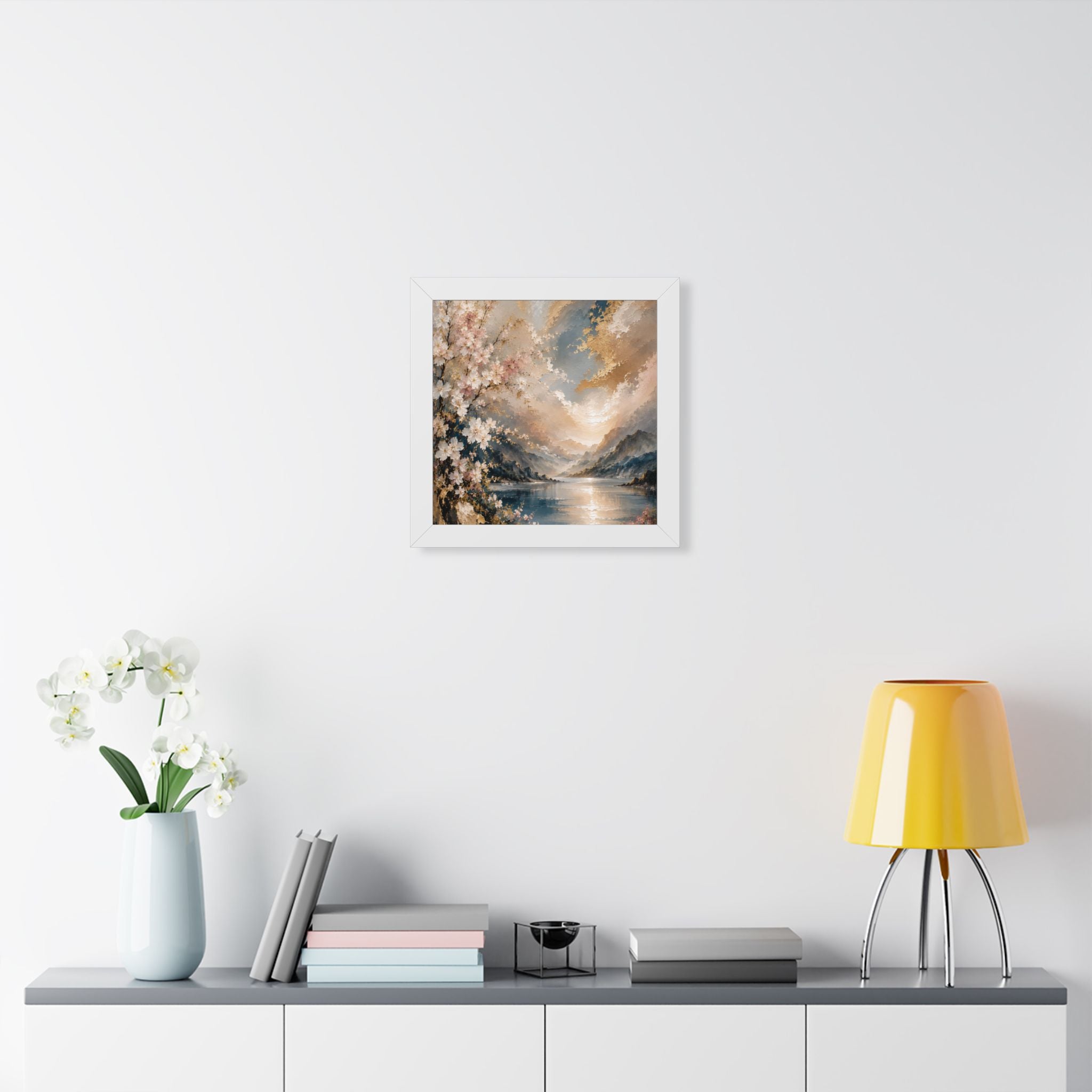 Sunlit Mountain Lake framed vertical poster | floral shoreline landscape