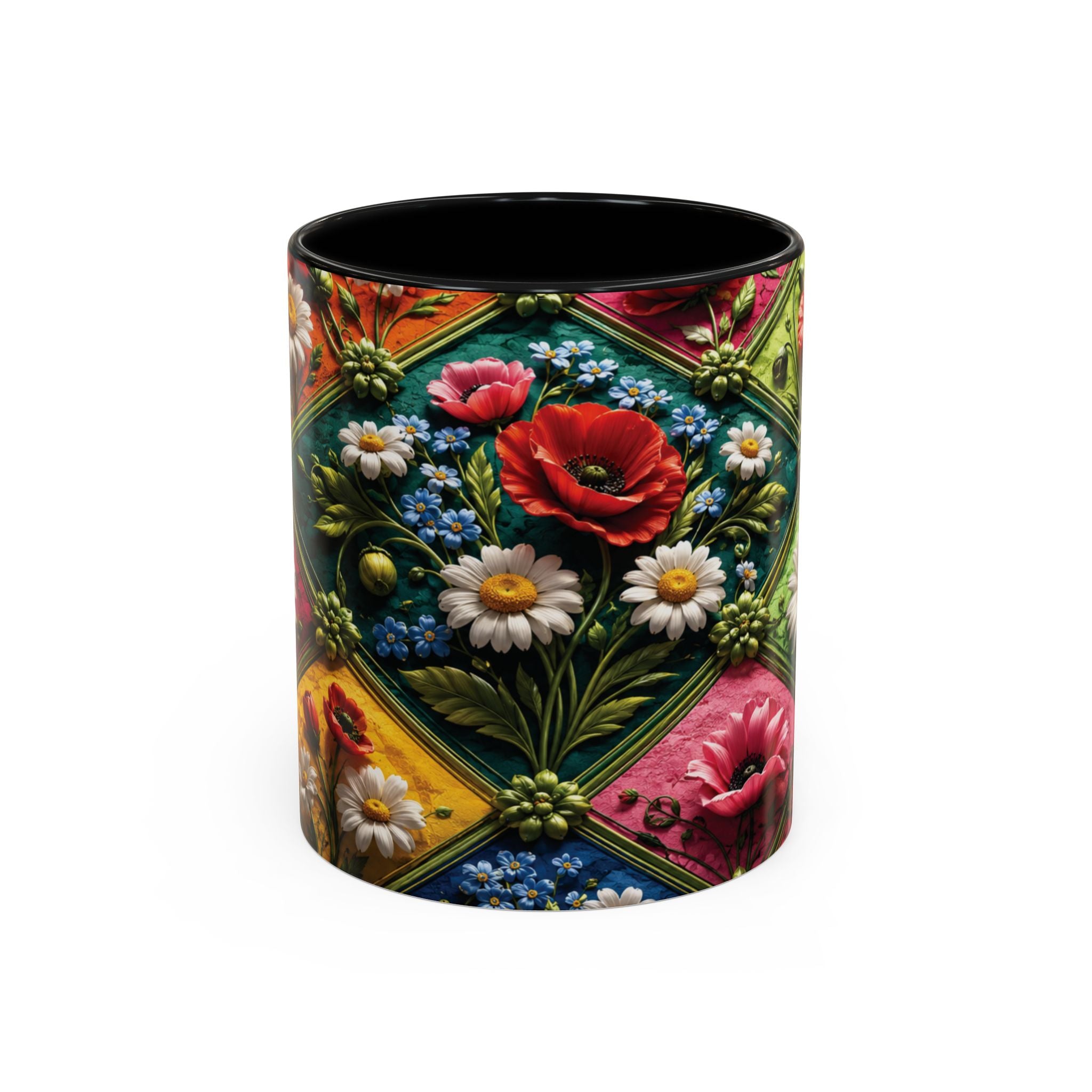 Floral Patchwork Accent Coffee Mug — Colorful Poppies & Daisies (11/15oz) 3D Illusion