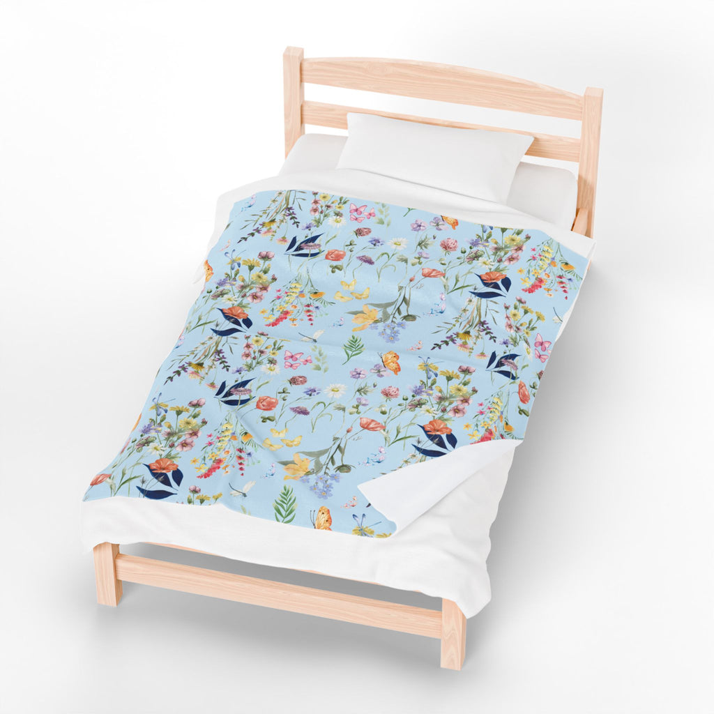 Icy Blue Watercolor Wildflowers Minky Velveteen Plush Blanket