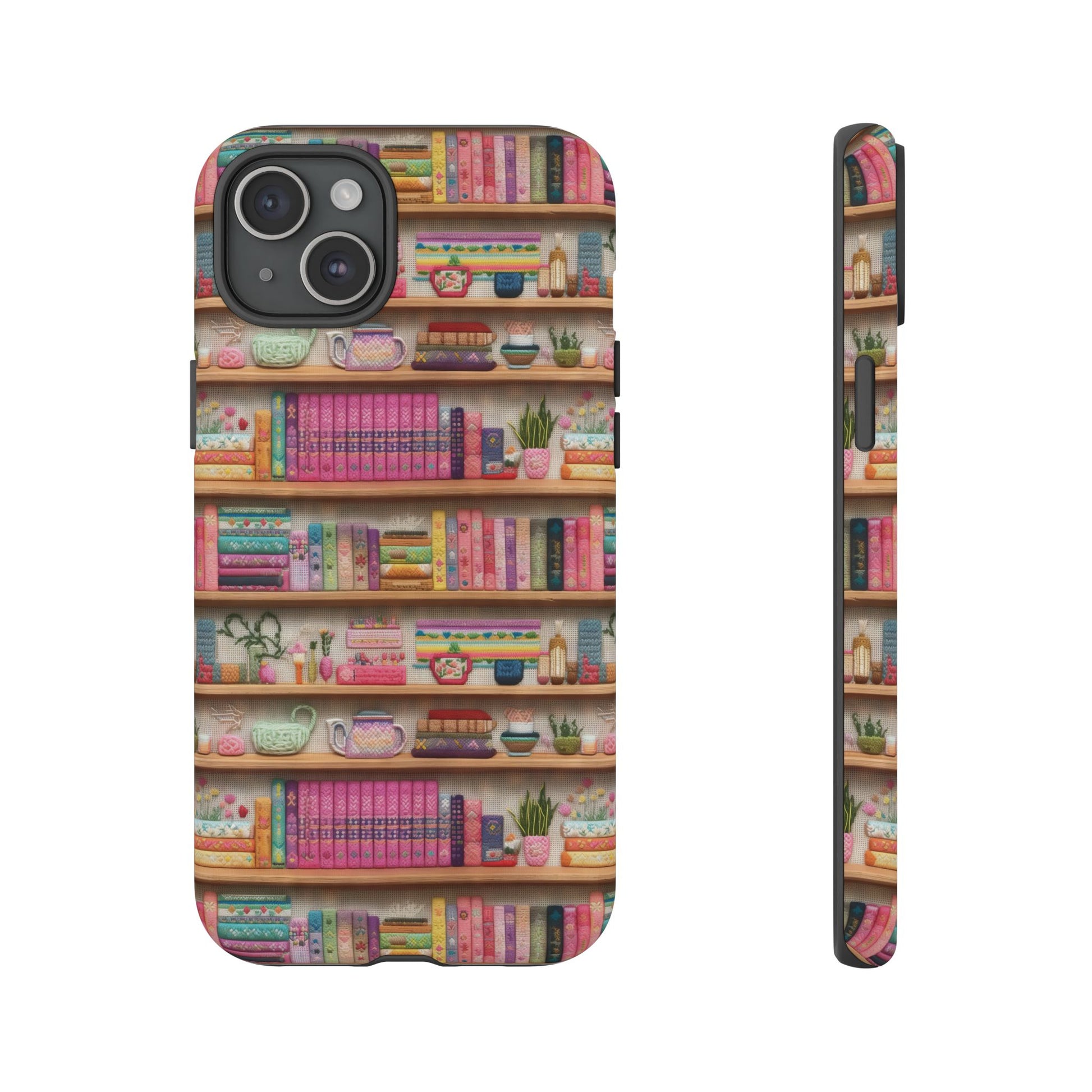 Whimsical 3D Embroidery Illusion Books on Pastel Shelves Phone Case for iPhone, Samsung & Pixel: Unique Accessory for Literary Enthusiasts Gift for Her Perfect for Floral Lover
