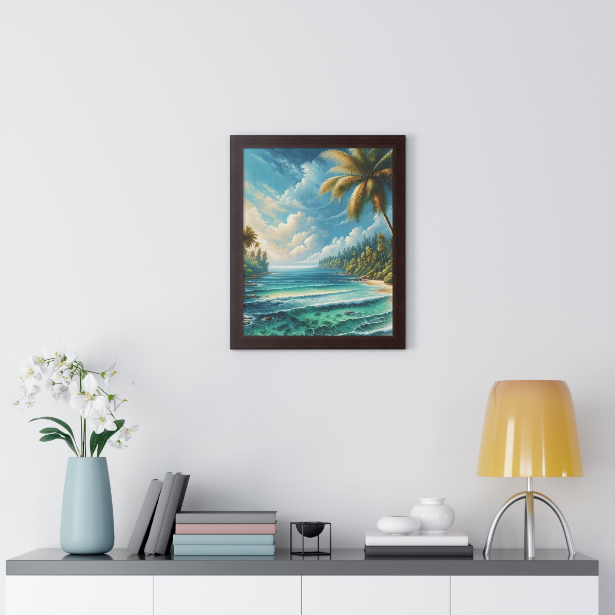 Coastal Bliss Ocean Beach View Framed Canvas Wall Art for Home Decor Framed Canvas Print Wall Art Classic Encased in Black, White, or Walnut Frames with Durable Acrylic Protection Ready to Hang  Timelessly Crafted..
