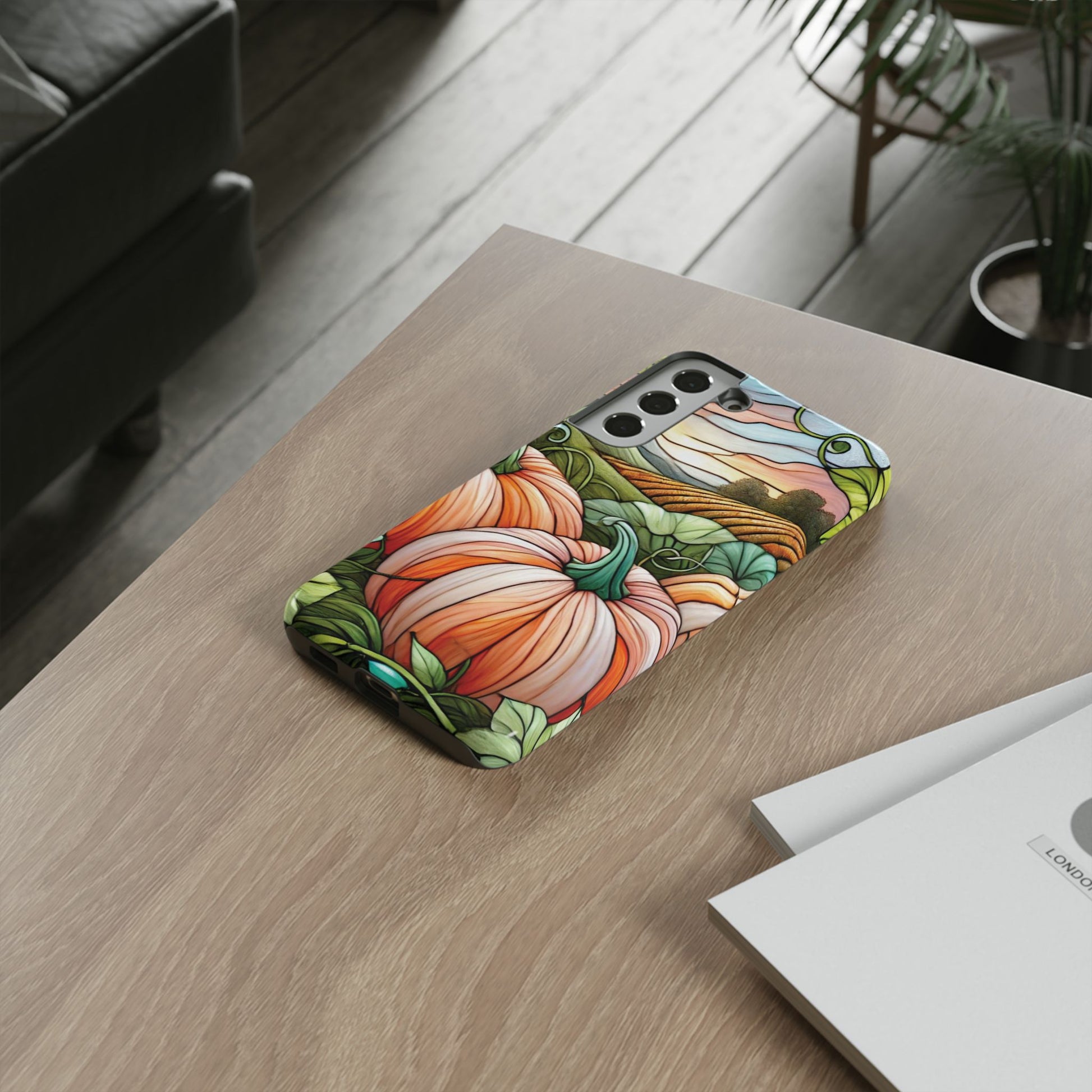 Pumpkins Phone Case Fall Faux Stained-Glass Thanksgiving Cover Pumpkin Lovers Gift for Galaxy S 24 23 22 21 Pixel 5 6 7 8 iPhone 17 , 16 15 14 13 12 Samsung iPhone Samsung Gift for Her