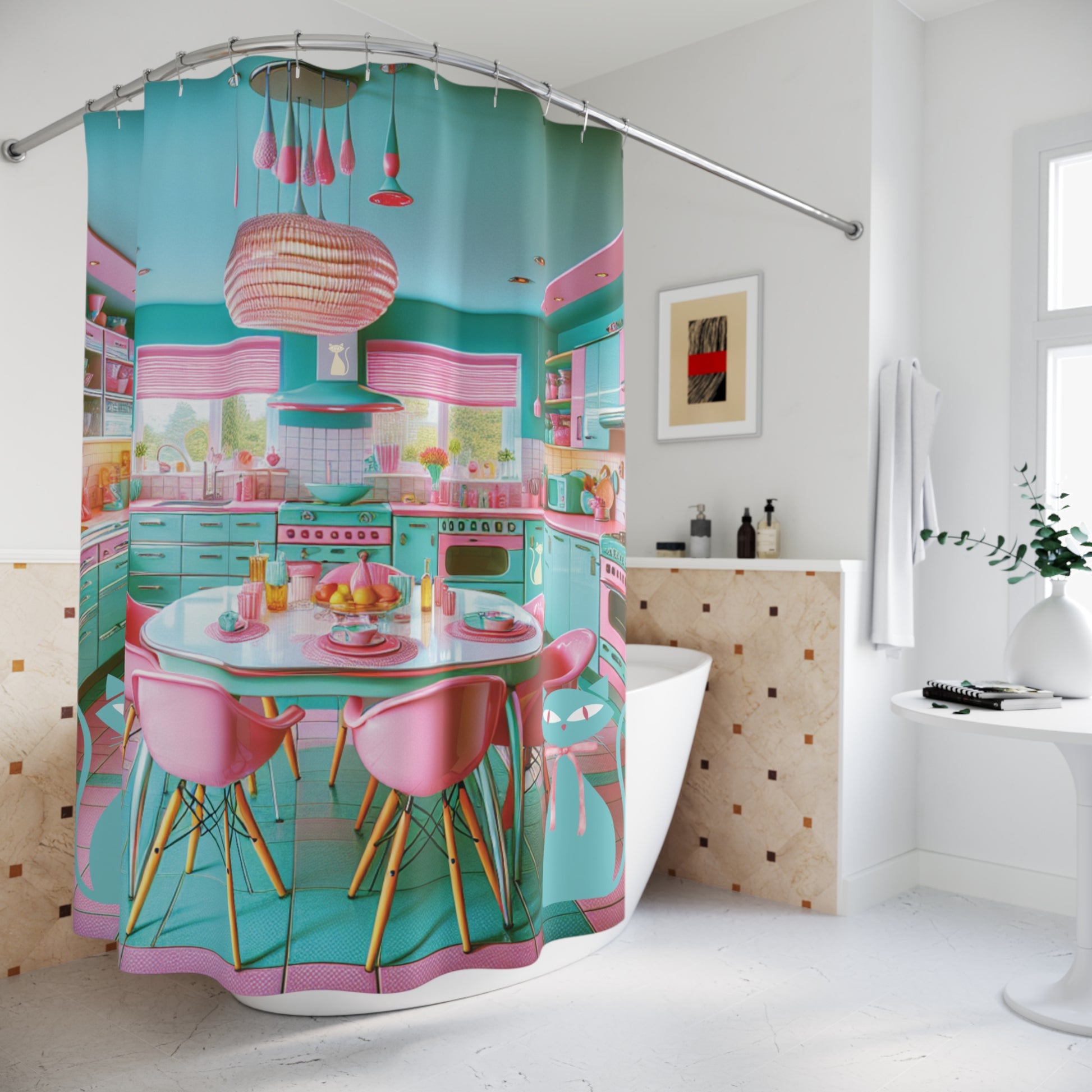 Atomic Kitty Cat Shower Curtains, Mid Century Modern 50's Aqua, Pink MCM Bathroom Decor, Retro Cat Lover Gift, Vintage Style Bath Curtain - MRSBYVALLE