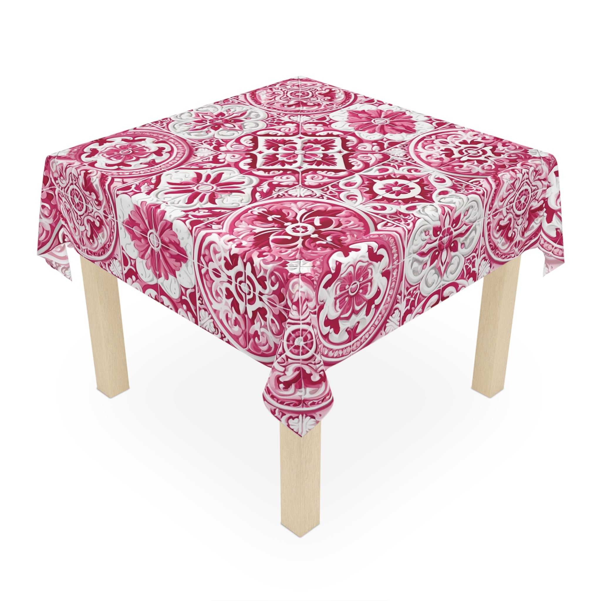 Elegant Pink and White Mediterranean Tile Design Tablecloth  Durable Table Cover, Perfect Gift for Housewarming, Parties, and Weddings all Events and Occasions - MRSBYVALLE