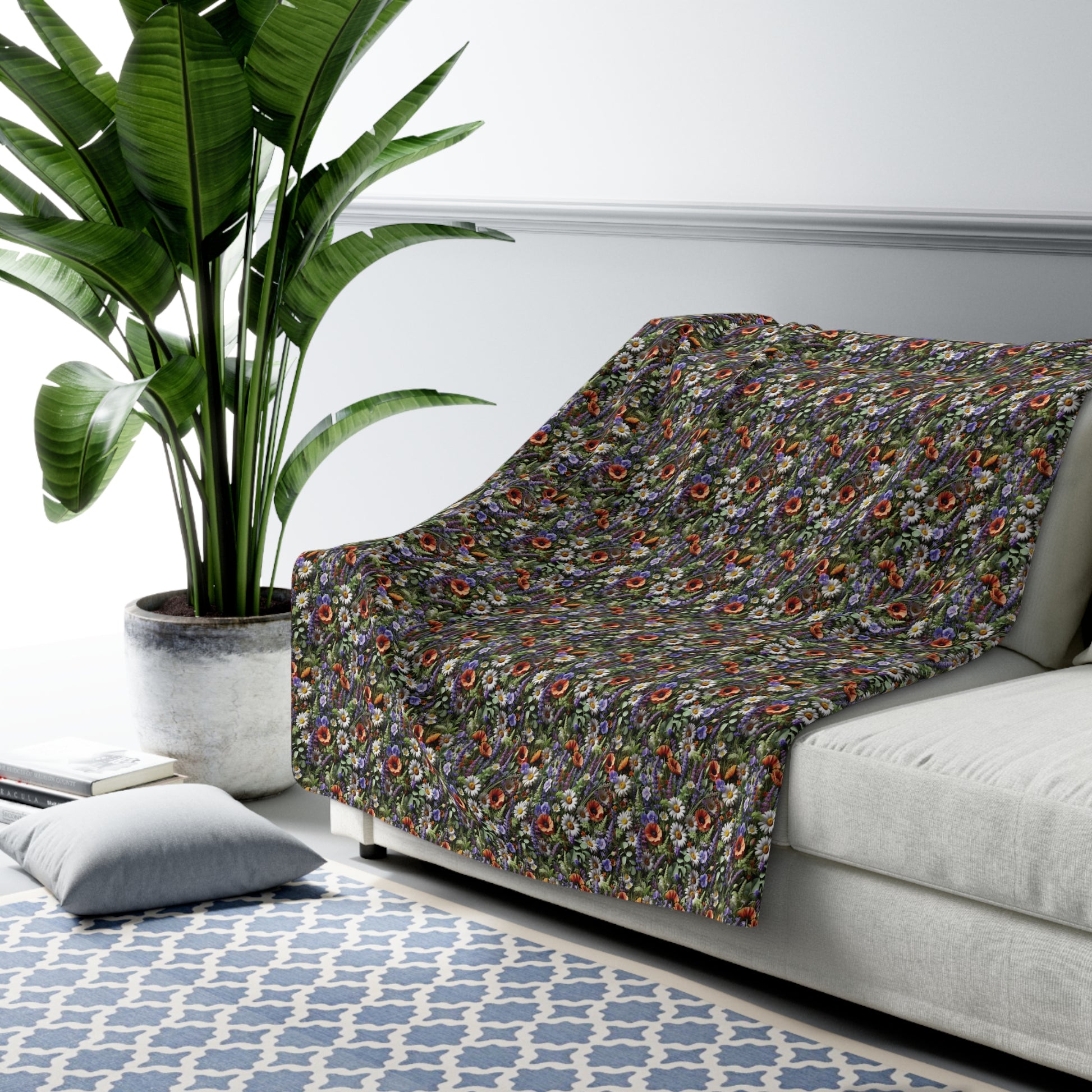Boho Wildflower Sherpa Blanket - Cozy & Soft Throw with Vibrant Floral Design, Perfect for Home Decor, Lounging, or Gifting - MRSBYVALLE