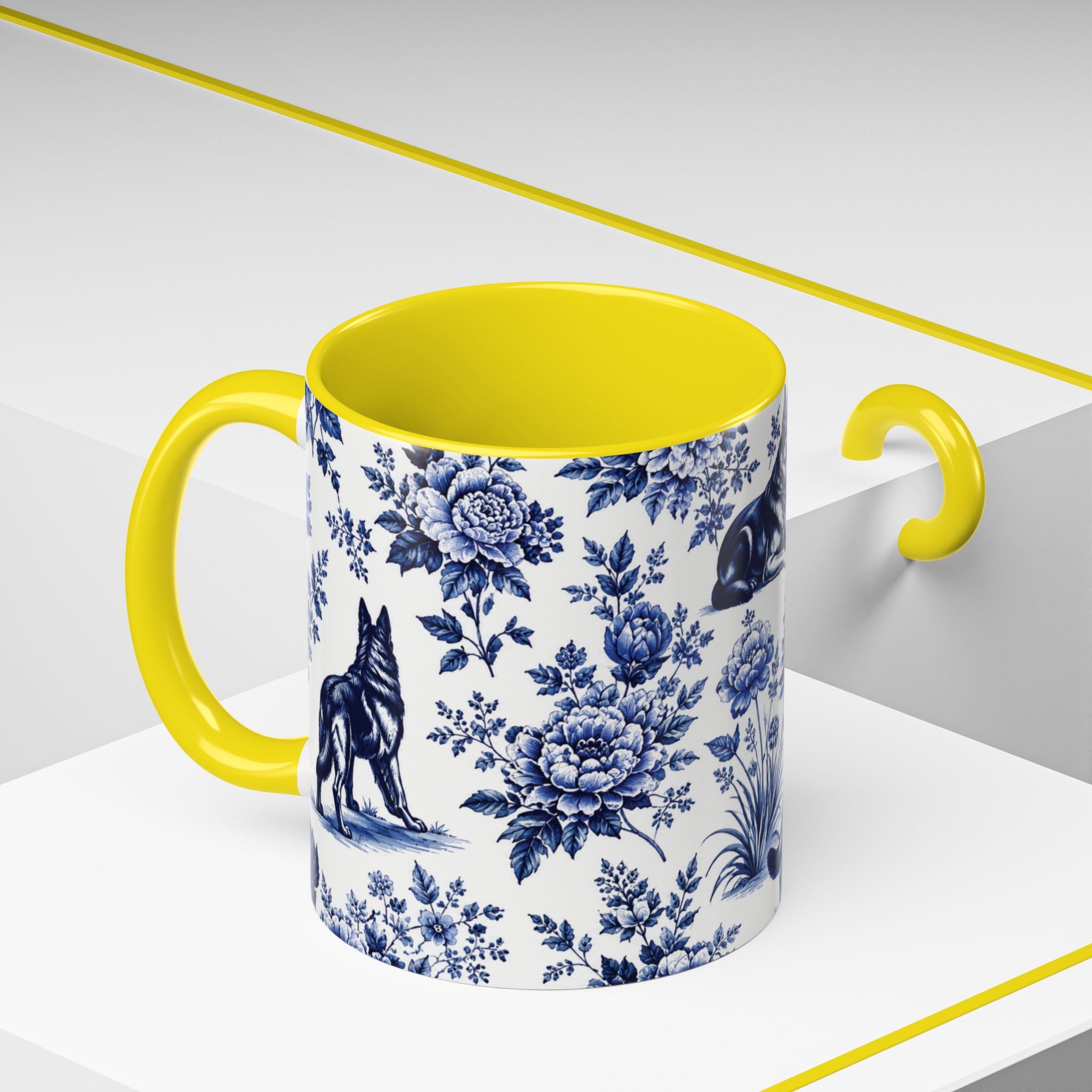 Elegant German Shepherd Floral Mug | Luxury Blue Toile Coffee Mug 11/15oz Accent Ceramic