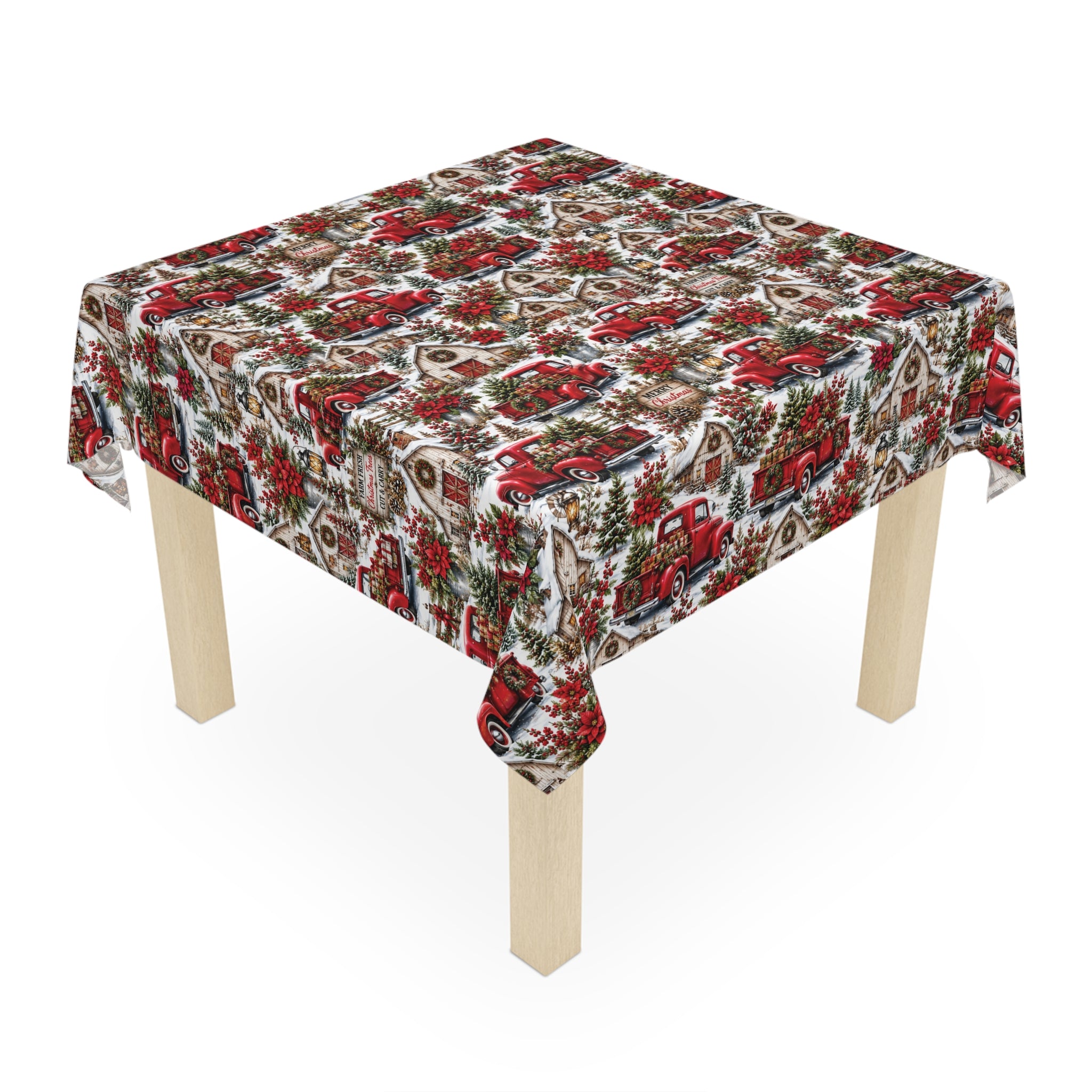 Vintage Red Truck Christmas Tablecloth — Holiday Farmhouse Plaid Decor