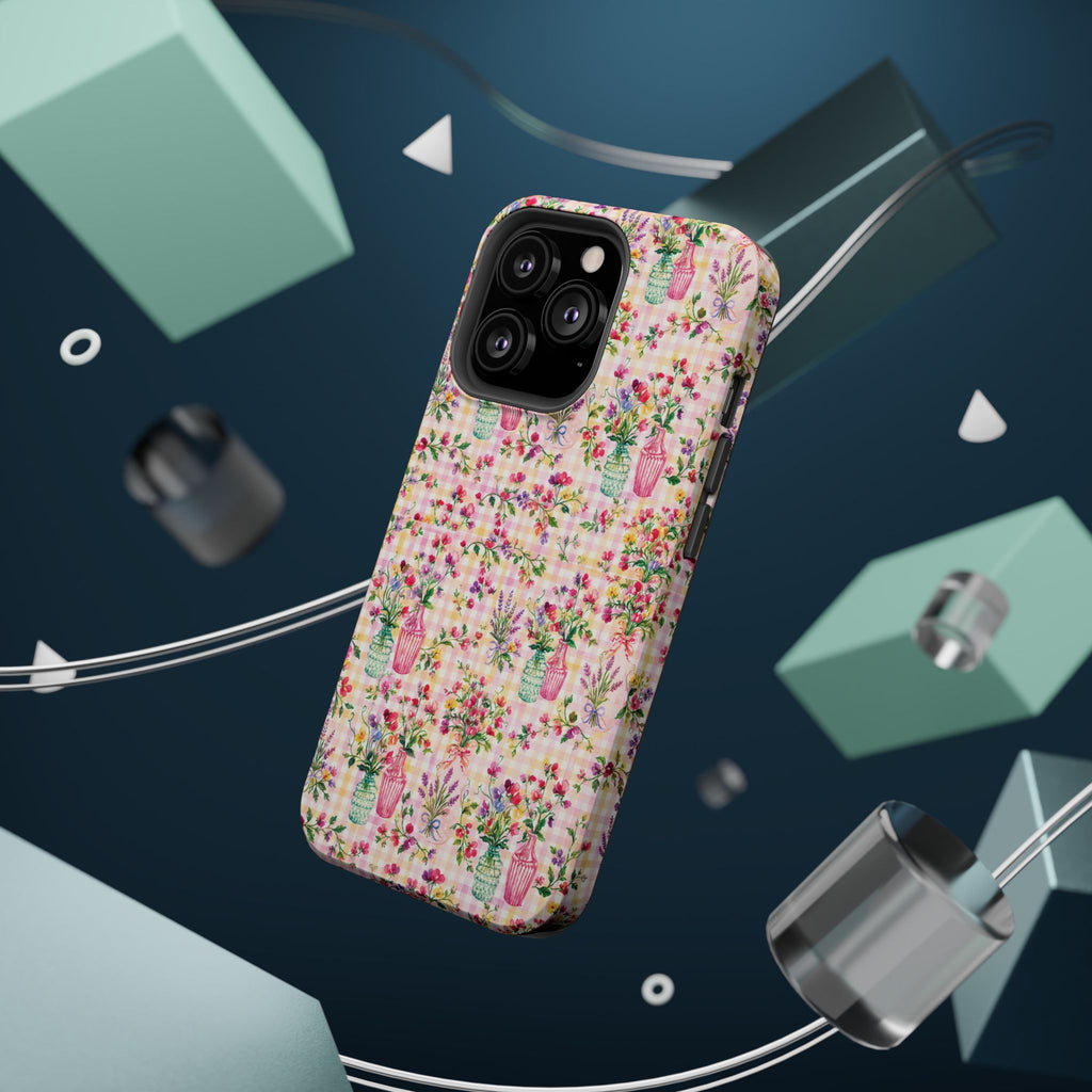 Turquoise & Pink Floral Checker Phone Case — Magnetic Impact-Resistant