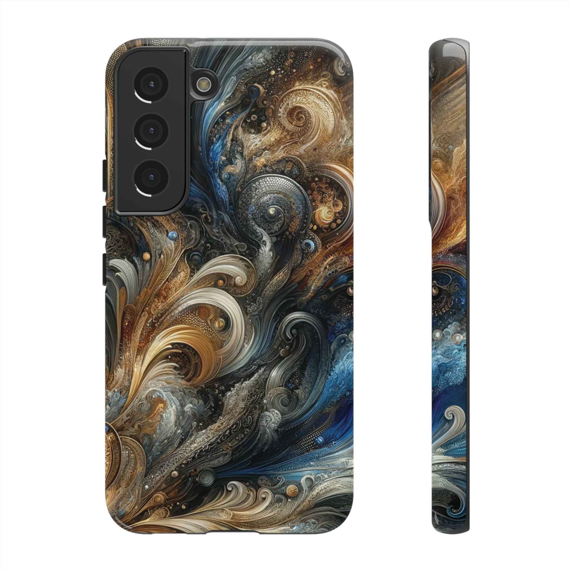 Gold and Navy Art Design Luxury Phone Tough Case Floral Elegant Durable Stylish for Modern Devices iPhone 15, Samsung iPhone Samsung Accessory Gift for Her.