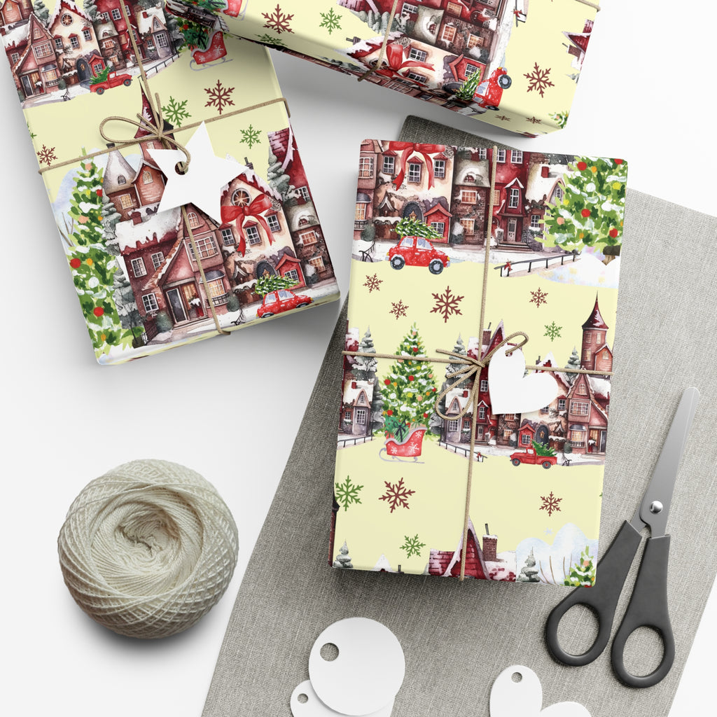 Christmas Village Wrapping Paper Whimsical Winter Wonderland with Pastel Trees, Snowflakes, and Festive Gifts Perfect for a Magical Holiday Season in Matte/Satin, All Occasion - MRSBYVALLE