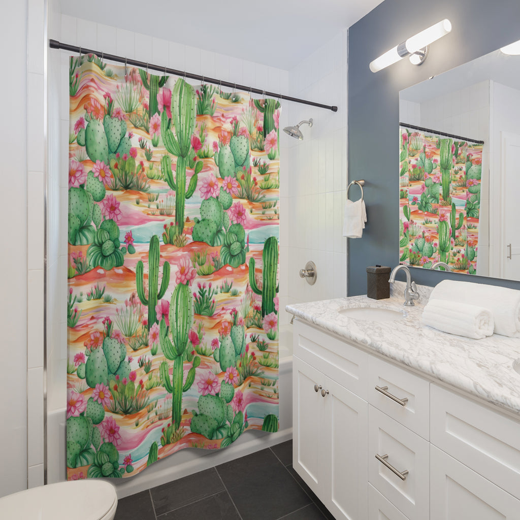 Pink and Mint Green Cactus Shower Curtain - Stylish Bathroom Décor with Cactus Flowers | Vibrant & Durable Design for a Fresh, Nature-Inspired Look - MRSBYVALLE