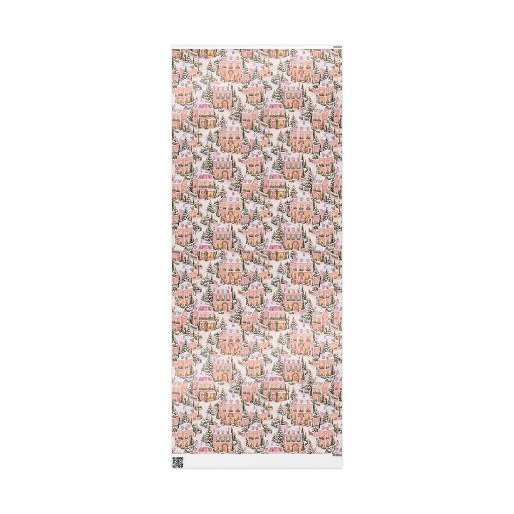 Wrapping Paper — Pink Snowy Village Holiday Gift Wrap (Festive Cottage Pattern)