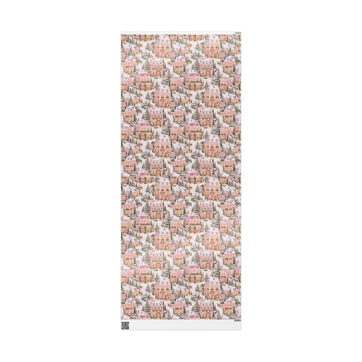 Wrapping Paper — Pink Snowy Village Holiday Gift Wrap (Festive Cottage Pattern)