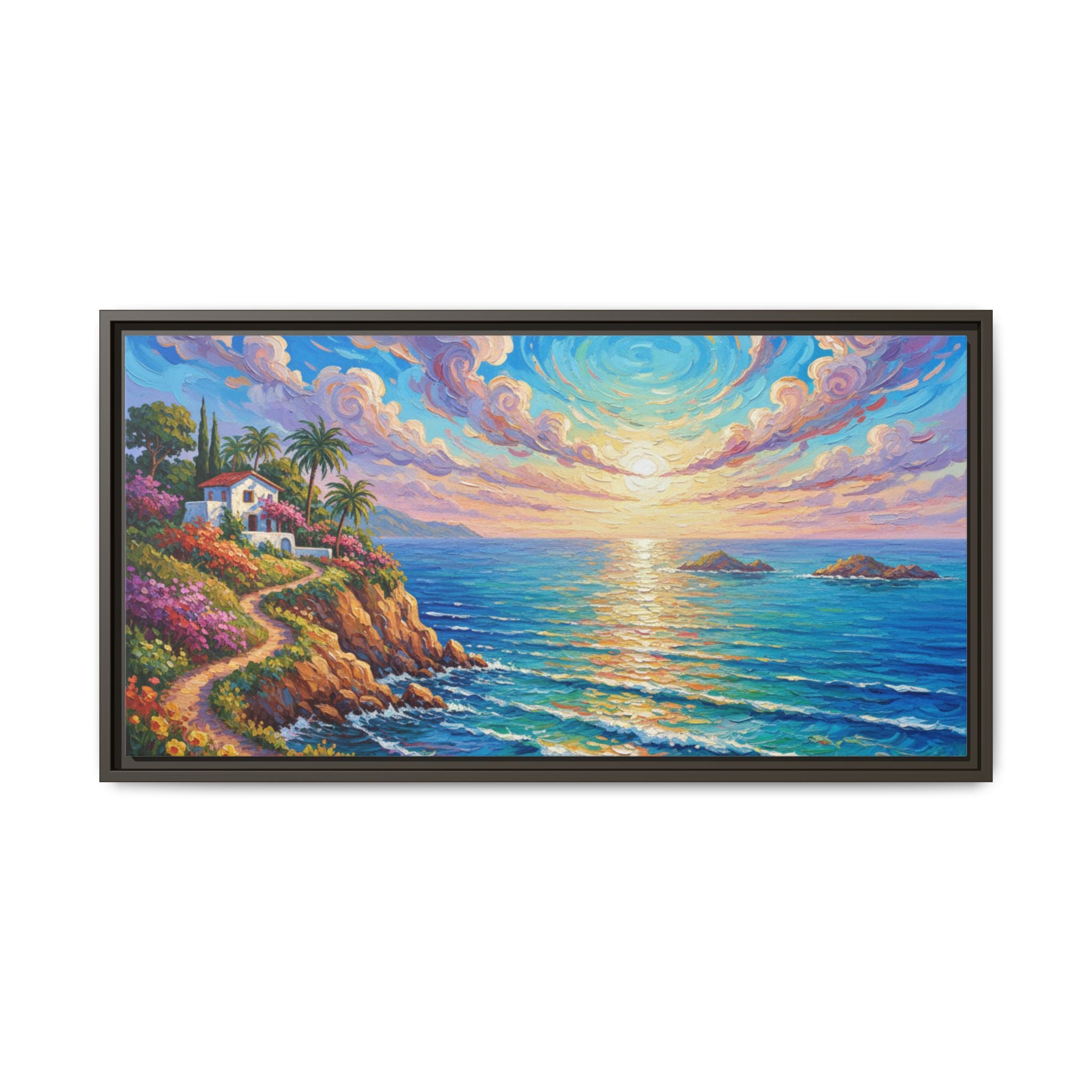 Ocean Floral Print Canvas | Bright Colorful Seascape Wall Art, Framed Matte Office Art Work