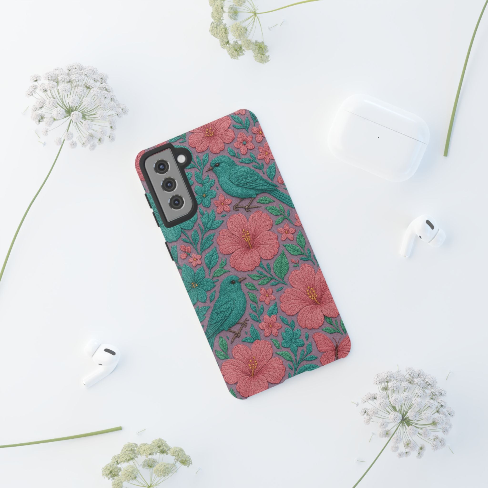 Turquoise, Pink and Lavender 3D Embroidery Illusion Phone Case Tropical Flowers, Birds & Butterflies Cover with Bold, Realistic Floral Texture iPhone, Samsung