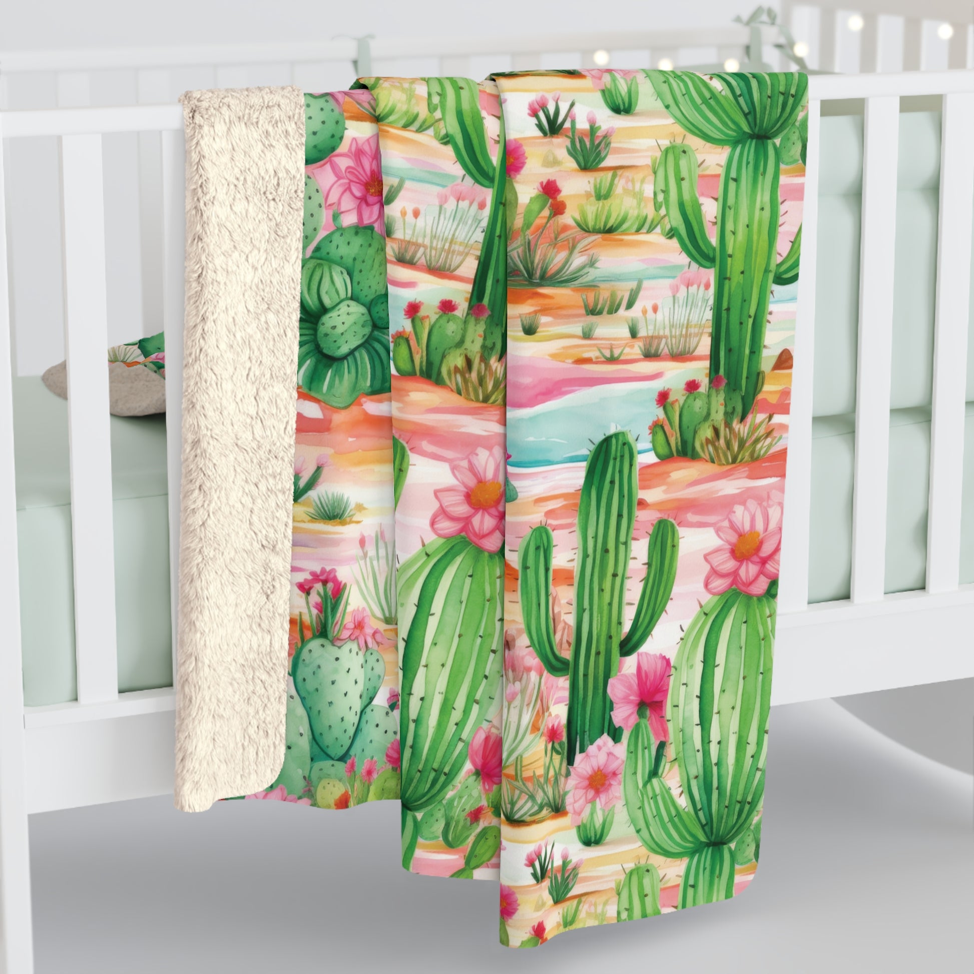 Pink and Mint Green Cactus Flowers Fleece Blanket - Soft, Cozy, Nature-Inspired Throw | Stylish Home Décor or Gift for Comfort and Warmth - MRSBYVALLE