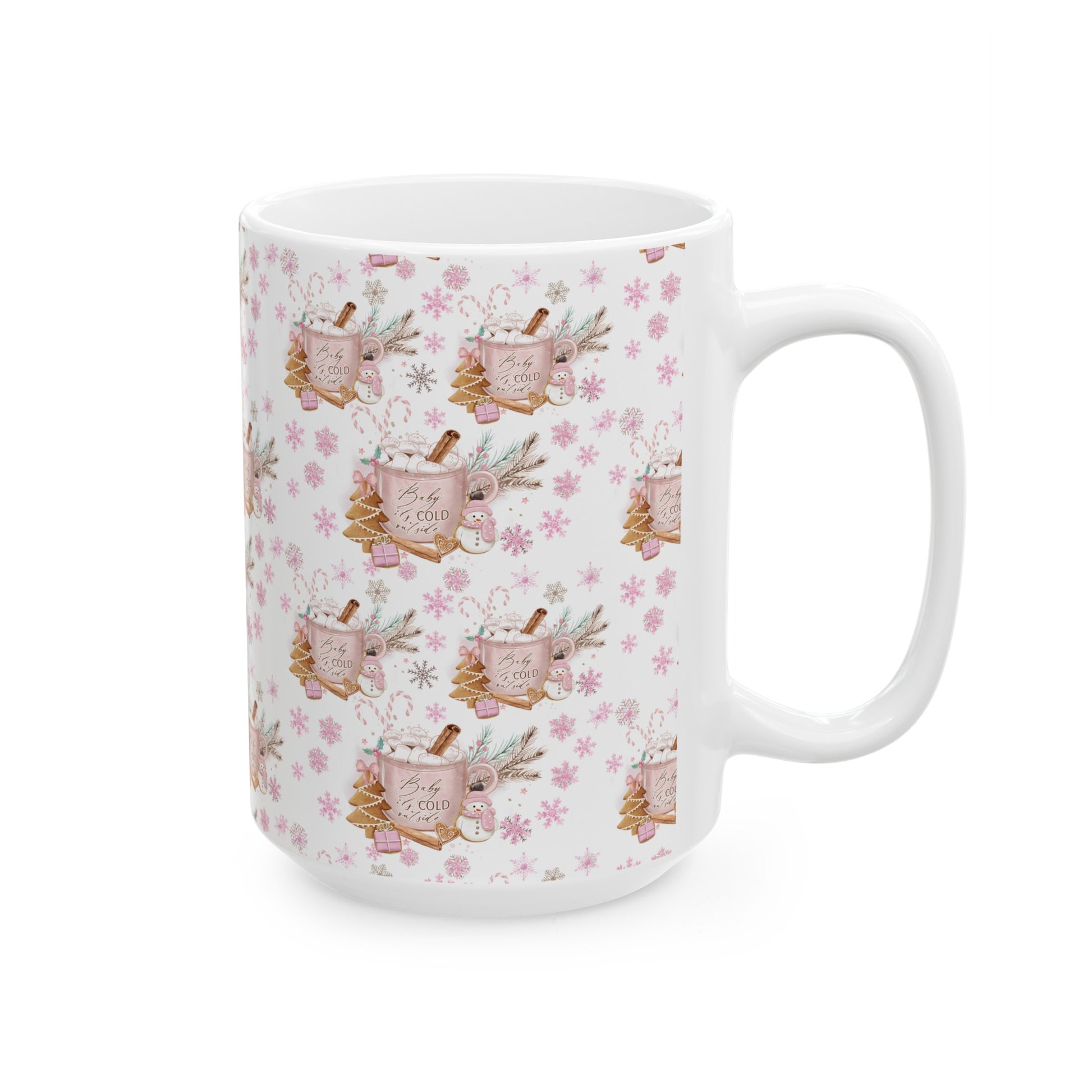 Pink Baby it's Cold Outside Coffee Ceramic Mugs Perfect for Your Morning Brew | 11 oz & 15 oz Sizes Floral Mug for Tea, Cocoa, and More Unique Bohemian Design Gift for Nature Lovers - MRSBYVALLE