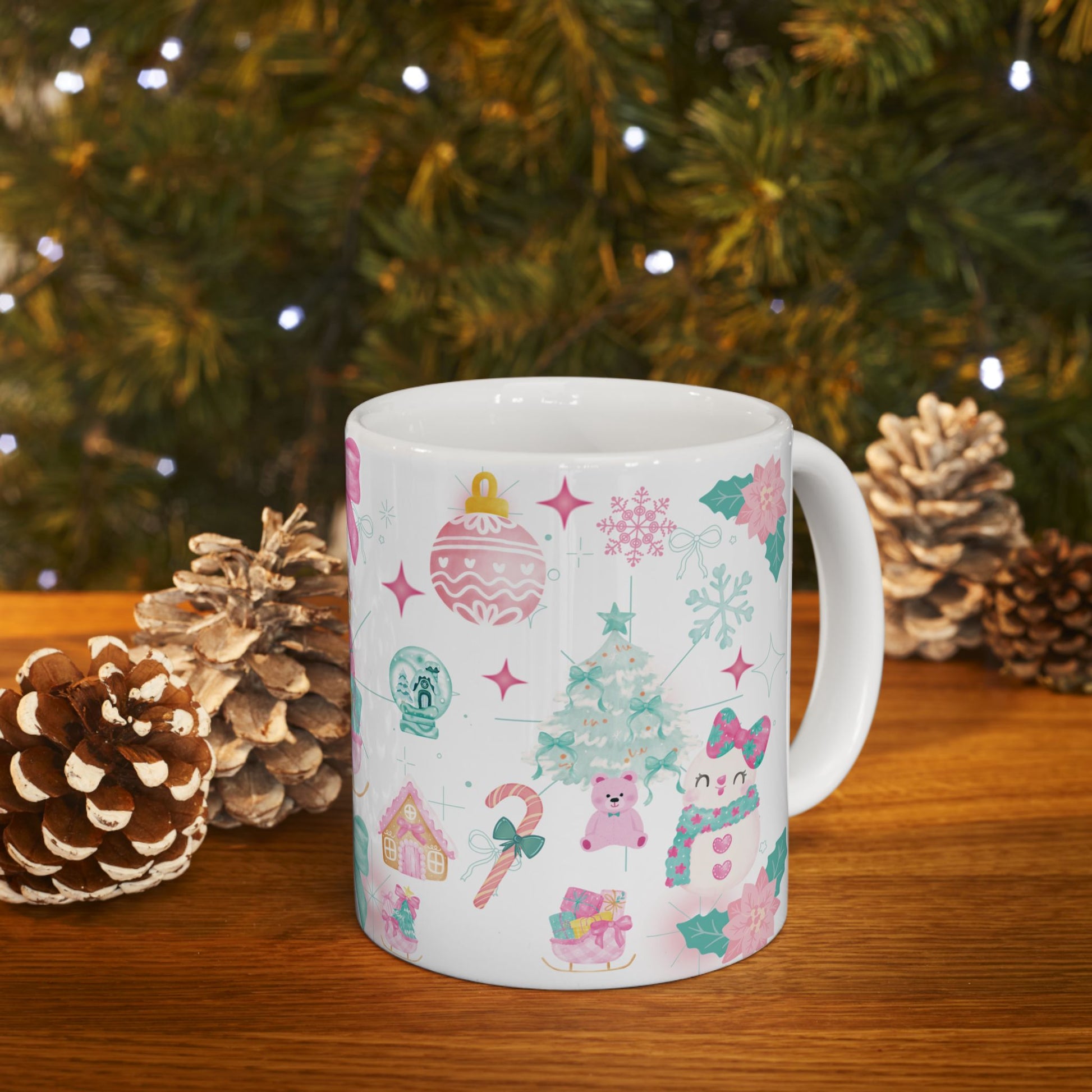 Glam Christmas Mug  Pink  Turquoise Holiday Coffee Cup, Festive Ceramic Mug in 11oz  15oz, Chic Gift for Hot Cocoa or Morning Lattes Mom