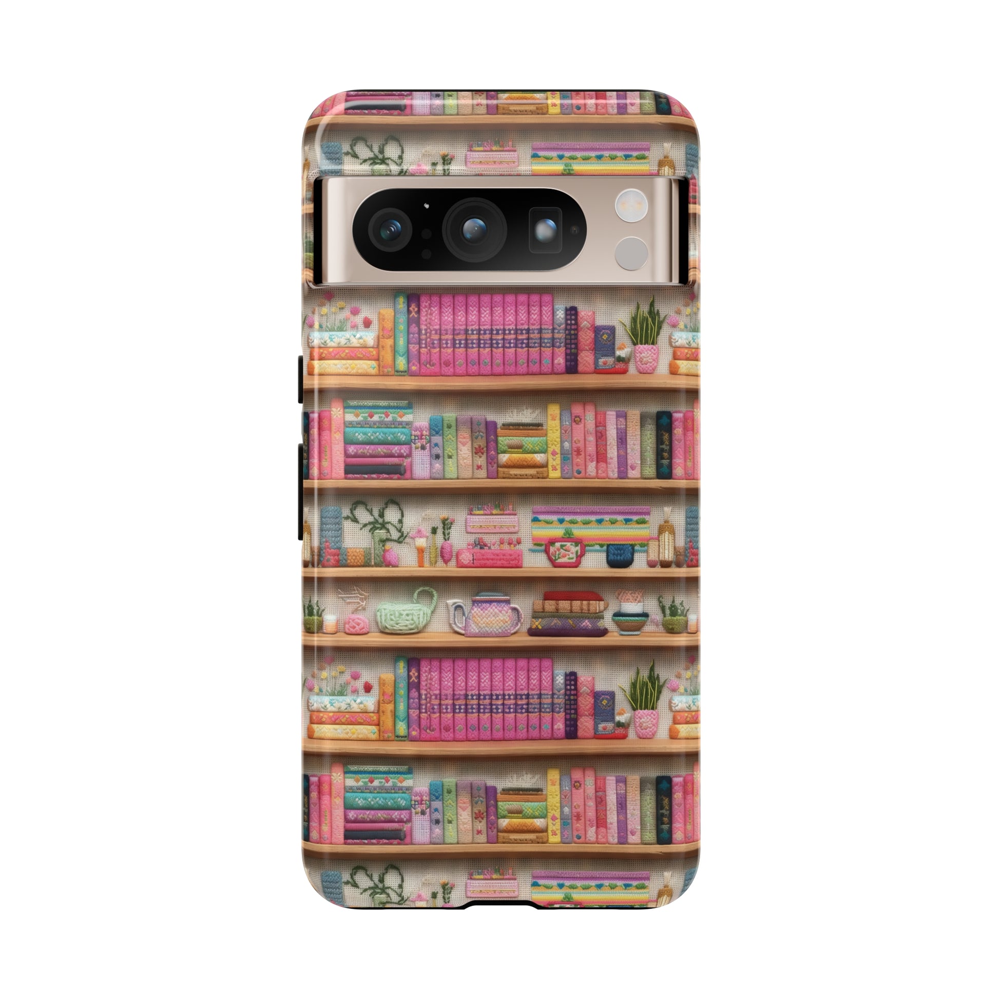 Phone Case 3D Illusion Books & Shelf Embroidery Design with Vibrant Colors Gift for Her Phone 15, Samsung iPhone Samsung Gift for Her Case iPhone 15, Samsung iPhone Samsung Accessory Gift for Her.
