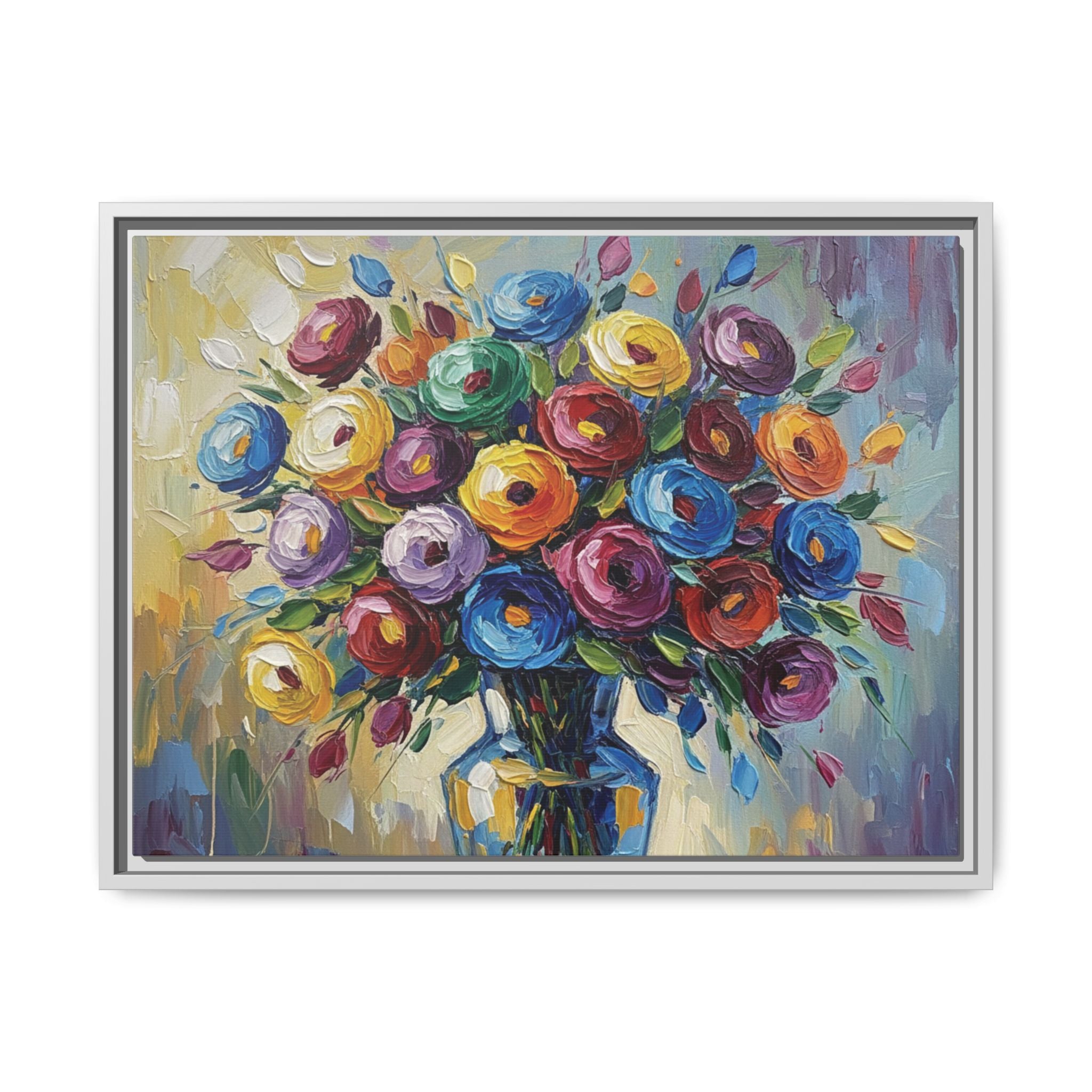 Impression sur toile bouquet floral aquarelle - Tableau mural encadré mat - Illusion de peinture à l'huile vibrante