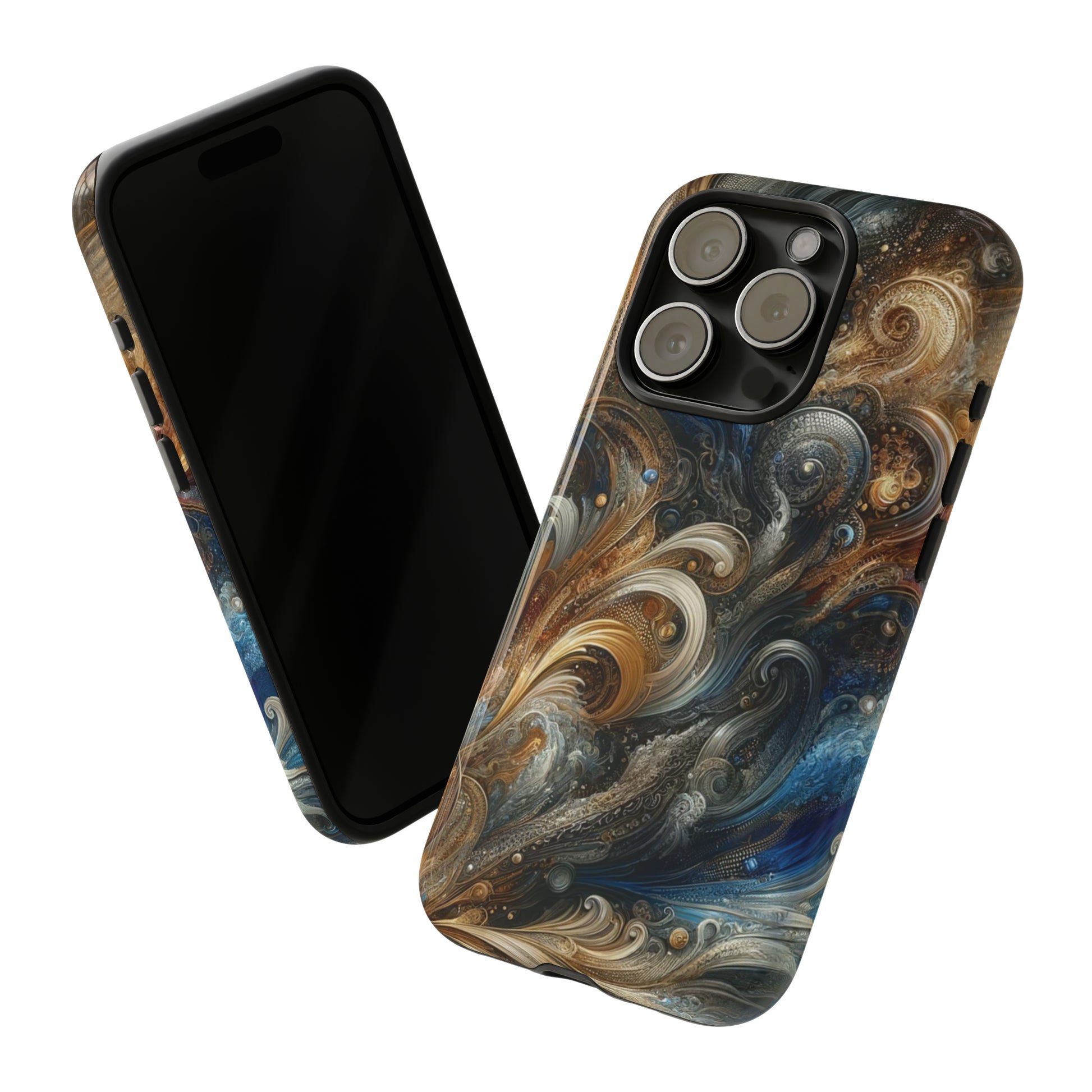 Gold and Navy Art Design Luxury Phone Tough Case Floral Elegant Durable Stylish for Modern Devices iPhone 15, Samsung iPhone Samsung Accessory Gift for Her.