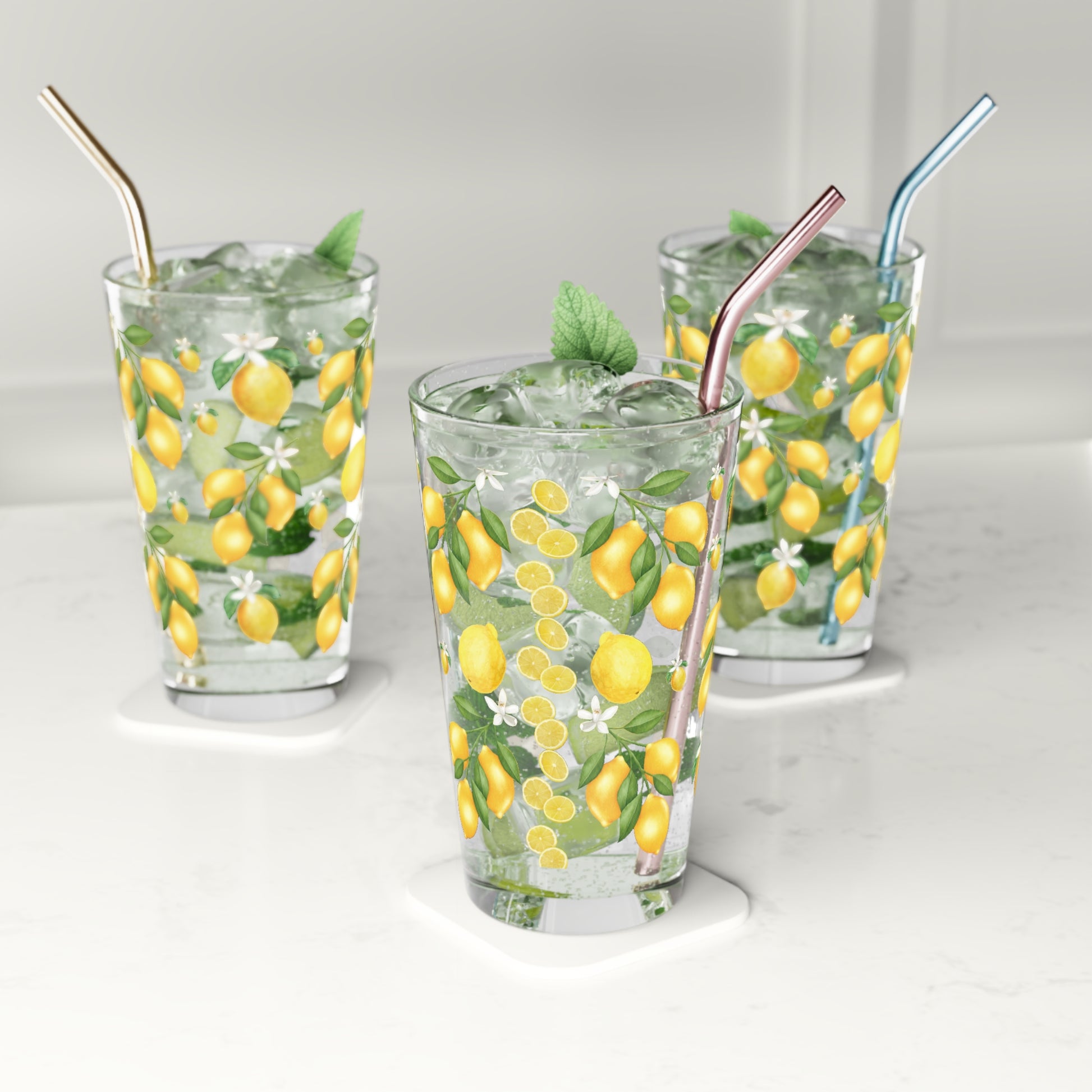 Lemon Bliss: 16oz Pint Glass with Small White Flowers Perfect for Refreshing Your Drinkware Collection with a Touch of Citrus Elegance Durable, High-Quality Glassware Perfect for Parties - MRSBYVALLE