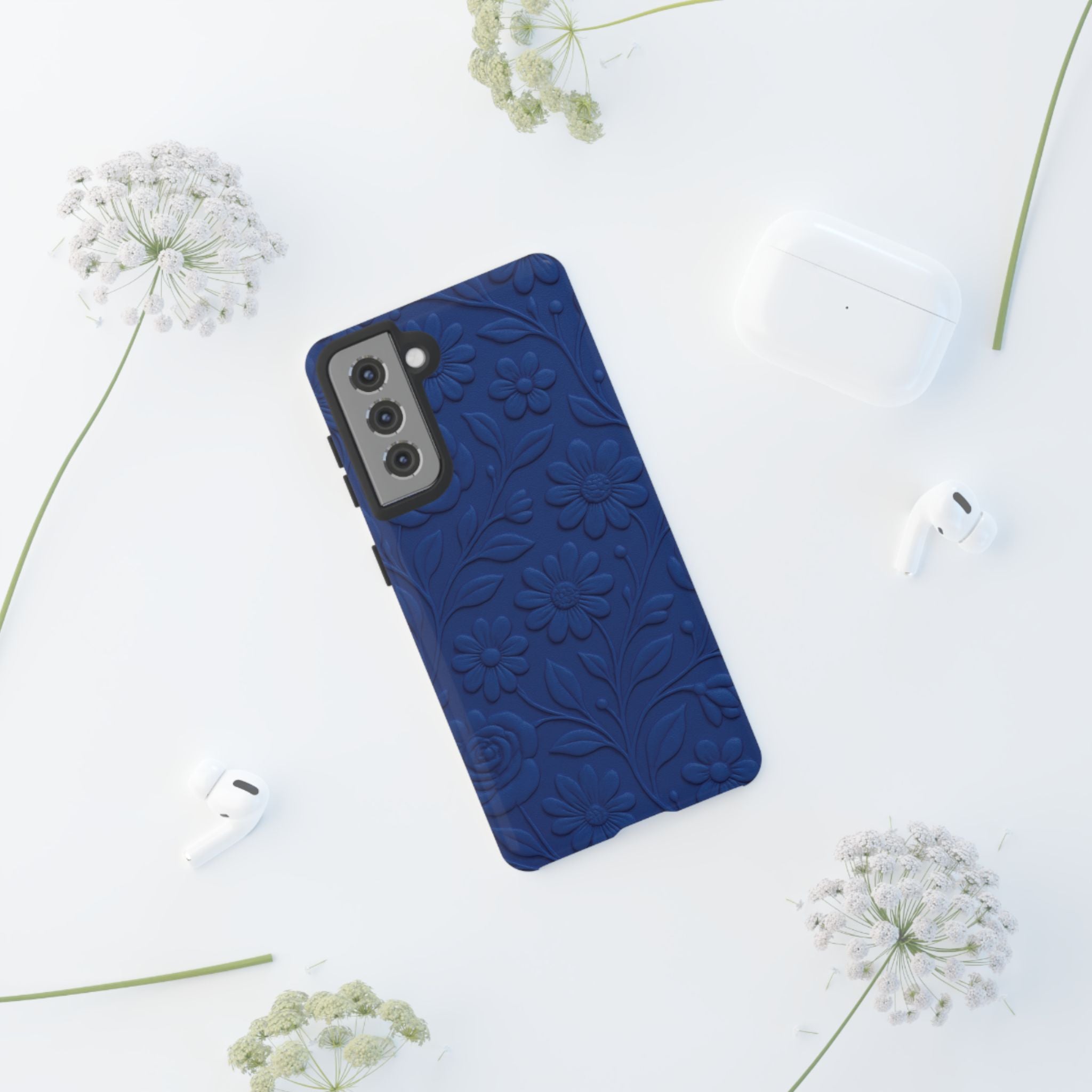 3D Illusion Floral Cobalt Blue Phone Case Elegant Raised Flower Design, Seamless Textured Look, Durable & Stylish Protection for iPhone and Android Models Fits iPhone & Samsung Models
