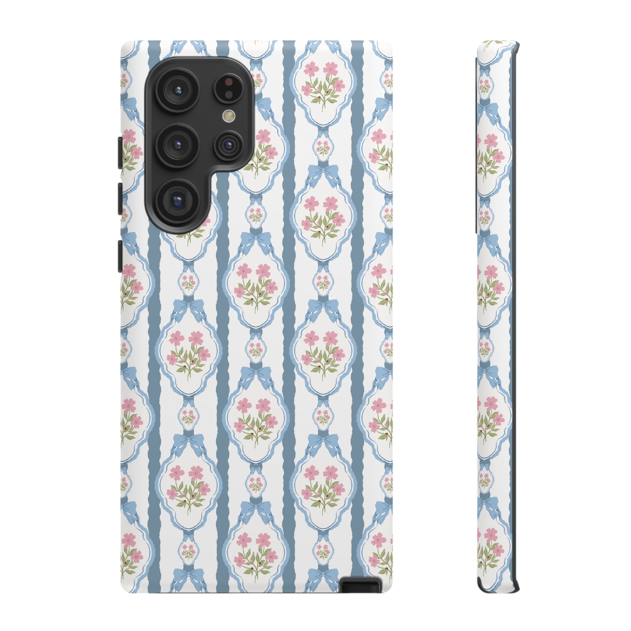 Vintage Blue and  Pink Bow Phone Case — 'Tough Cases' Romantic Floral Design