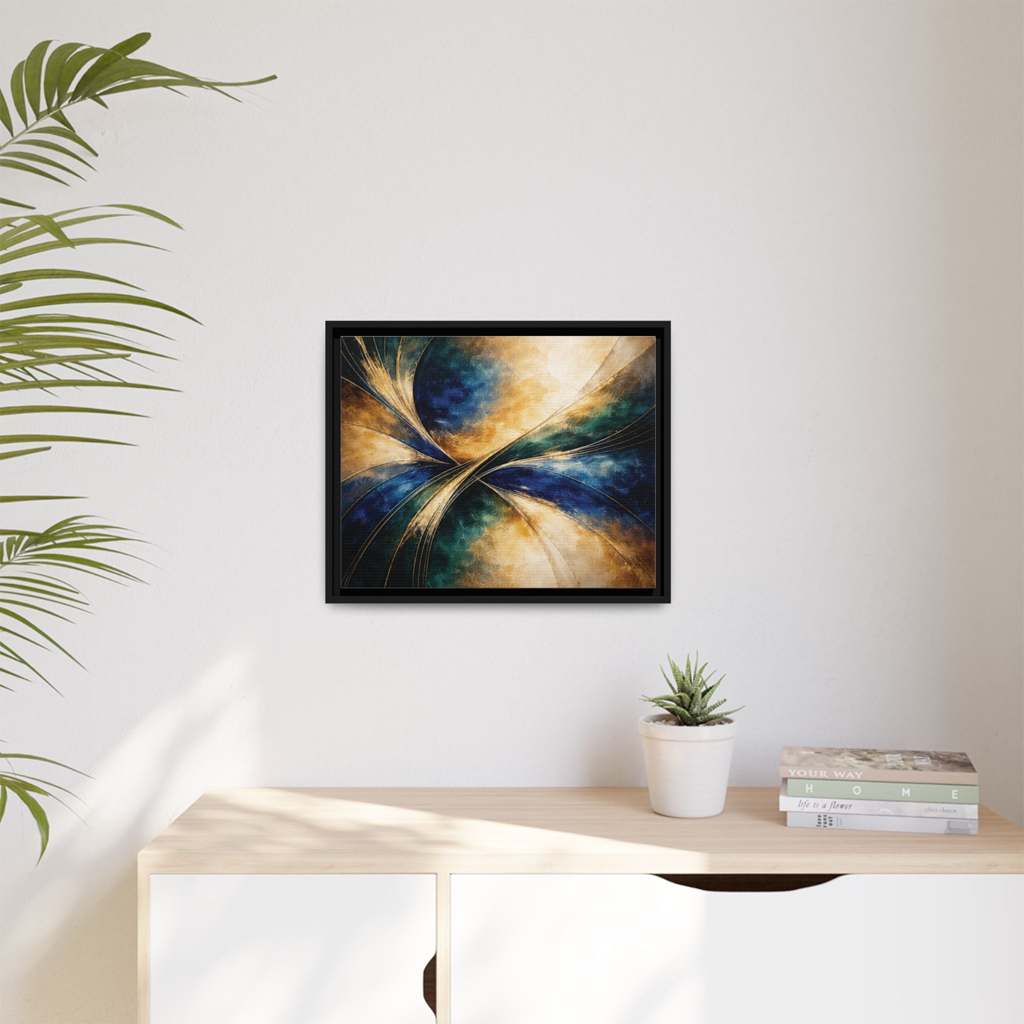 Gilded Convergence  Luxe NeoDeco Blue & Gold Abstract Wall Art Framed